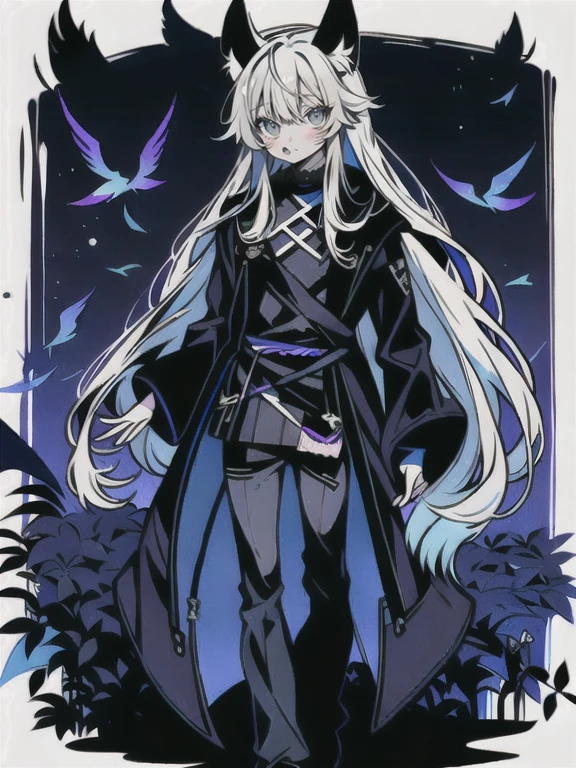 solo, 1boy,「white hair,cerulean blue」long hair,  {{nighthawk mask}},  There&#39;s a man wearing a costume, {fox tail,} {one wing of a crow} Farson!!!!, furry Farson, furry characters, furry anime, Farson, furry paws furry, Furry shots, there is nothing, very hairy, furry artist, upright, [[[Anthropomorphic Nue]]] virtual youtuber, full body