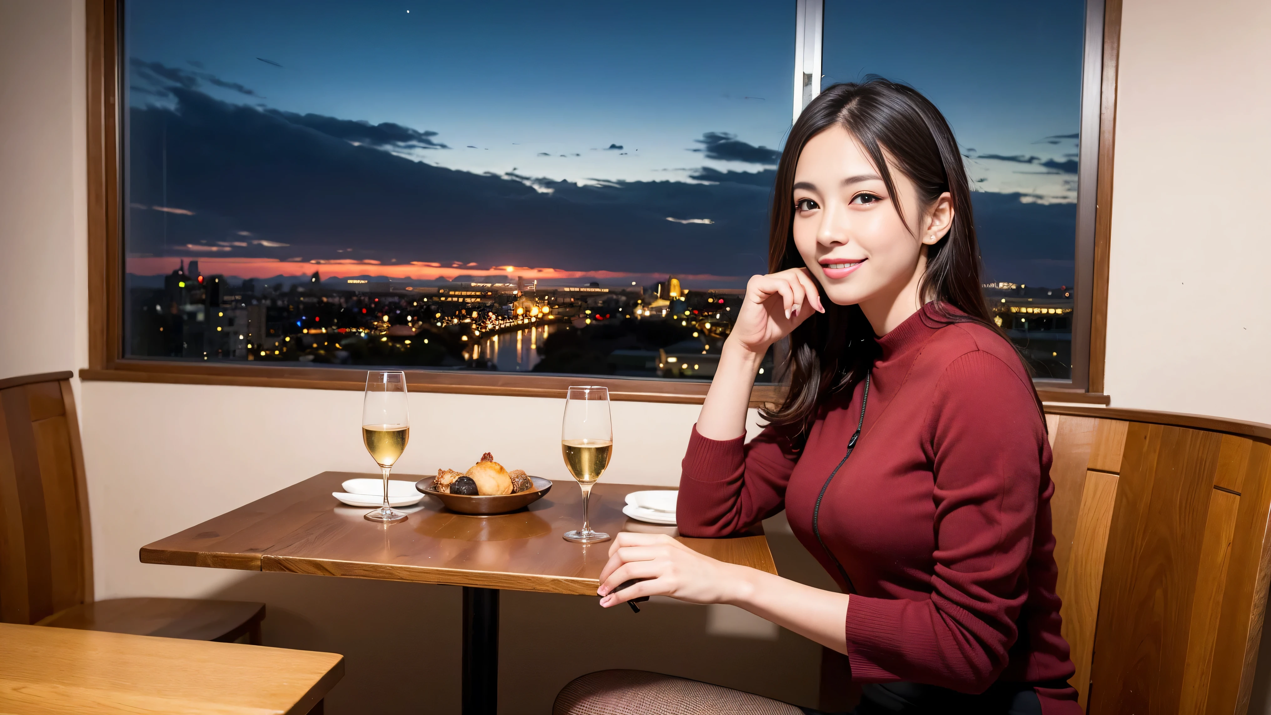 (including 64k, nffsw, highest quality, table top: 1.2), (realistic, photorealistic: 1.37), Spectacular view of the sunset sky and clouds、Amazing mountain views、long sleeve shirt、winter fashion、Columbia、Brazilian、Japanese、Dutch、German、Portuguese、Belgian、Italian、French,Champagne、sparkling wine、 (slimフェイス), (slimボティ), (brown hair), (shortcut), neat beauty、cheeks turn a little red, (42 years old),45 years old, alone, 窓の外には美しく緻密なnight景が広がります., restaurant, wine glassが座っている, nightに, in a prominent place (from the Upper body) nova frog style, actress, model, Upper body, White wine, slim, wine glass, Super Clean night View, wine glass Put in the Middle, Happy smile, (smile: 1.15), beautiful and detailed eyes, Upper body, bust japan up, night, short, short, actress, model, Upper body, White wine, slim, wine glass, Super Clean night View, wine glass Put in the Middle, Happy smile,