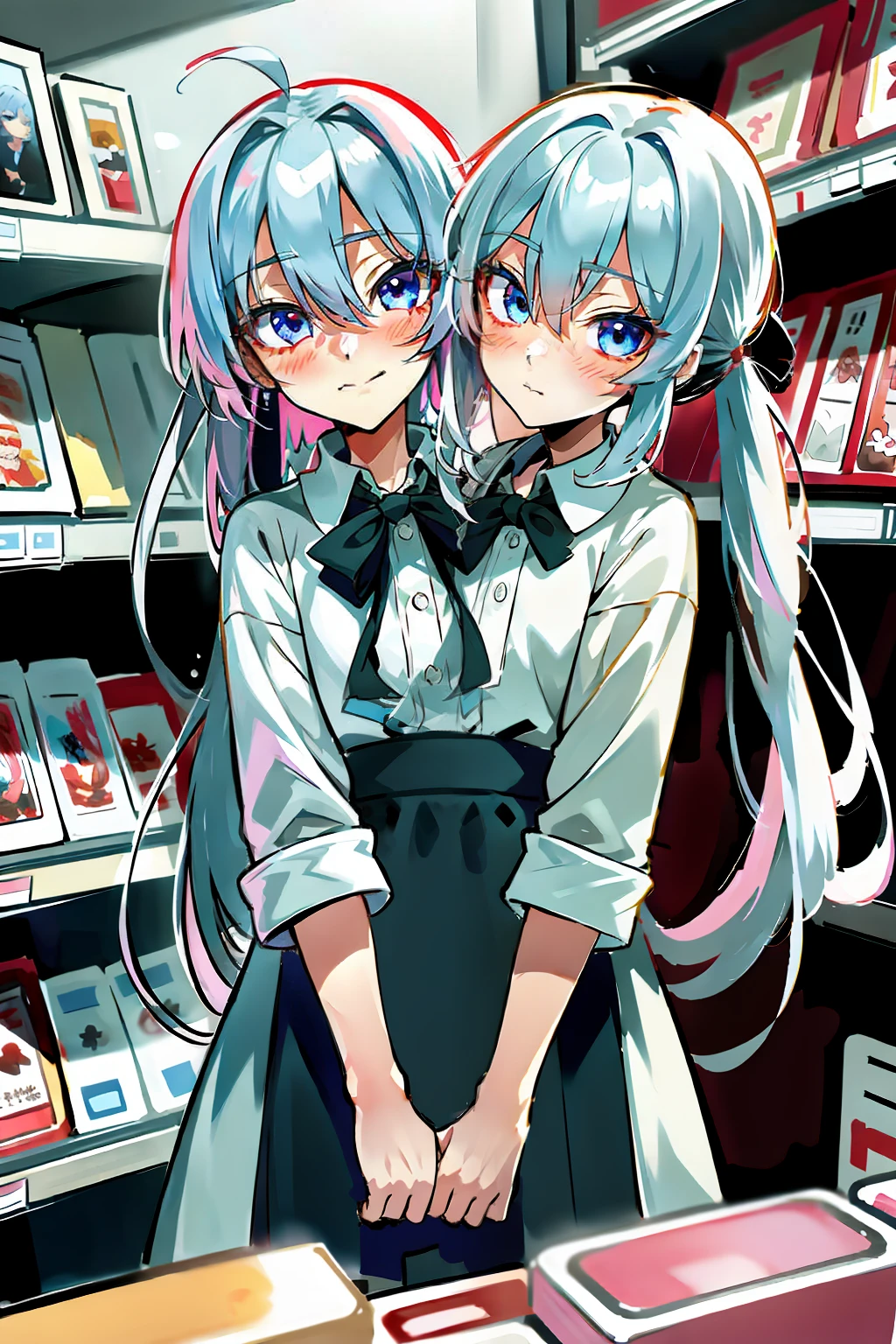 (Twoheads), (2heads:1.5), 1girl, a girl with two heads, silver hair, one head has blue eyes, the other head has red eyes, black ribbons in hair, anime, in a pharmacy shop with a shelf of medicine, anime moe artstyle, kantai collection style, two beautiful anime girls, anime style 4 k, twintails, anime girls, smooth anime cg art, best anime 4k konachan wallpaper, 2 d anime style, [ 4 k digital art ]!!, nyaruko-san