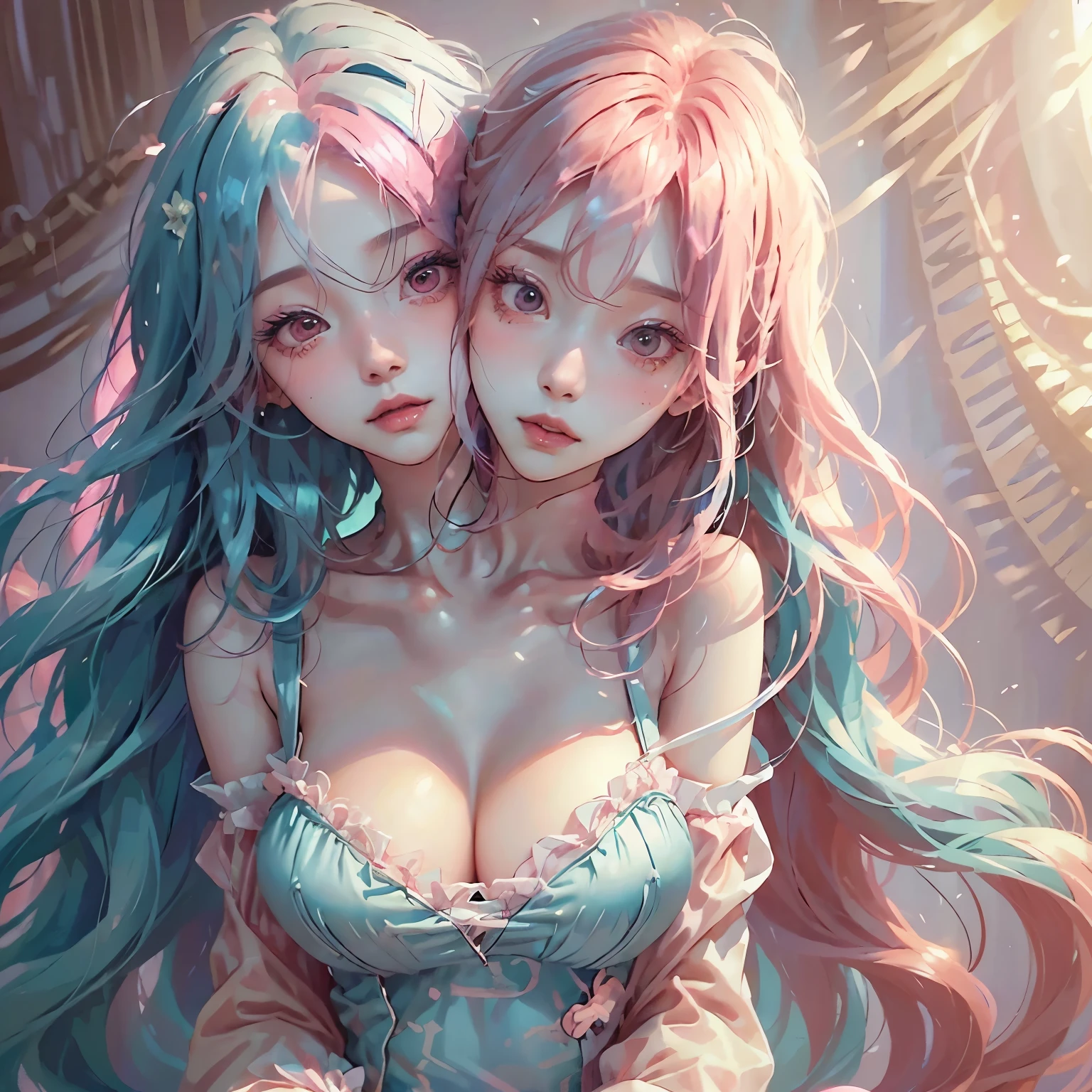 (Threeheads), (3heads:1.5), 1girl, a girl with three heads on one body, pink hair on one head, blue hair on other head, and a necklace, digital art inspired by Yanjun Cheng, Tumblr, Rococo, portrait of jossi of blackpink, portrait jisoo blackpink, floating bluehair, Long flowing pink hair, long bubblegum hair, blue hair, Pink girl, pink hues, ((Pink)), Long blue hair, pink straight hair, curly blue hair