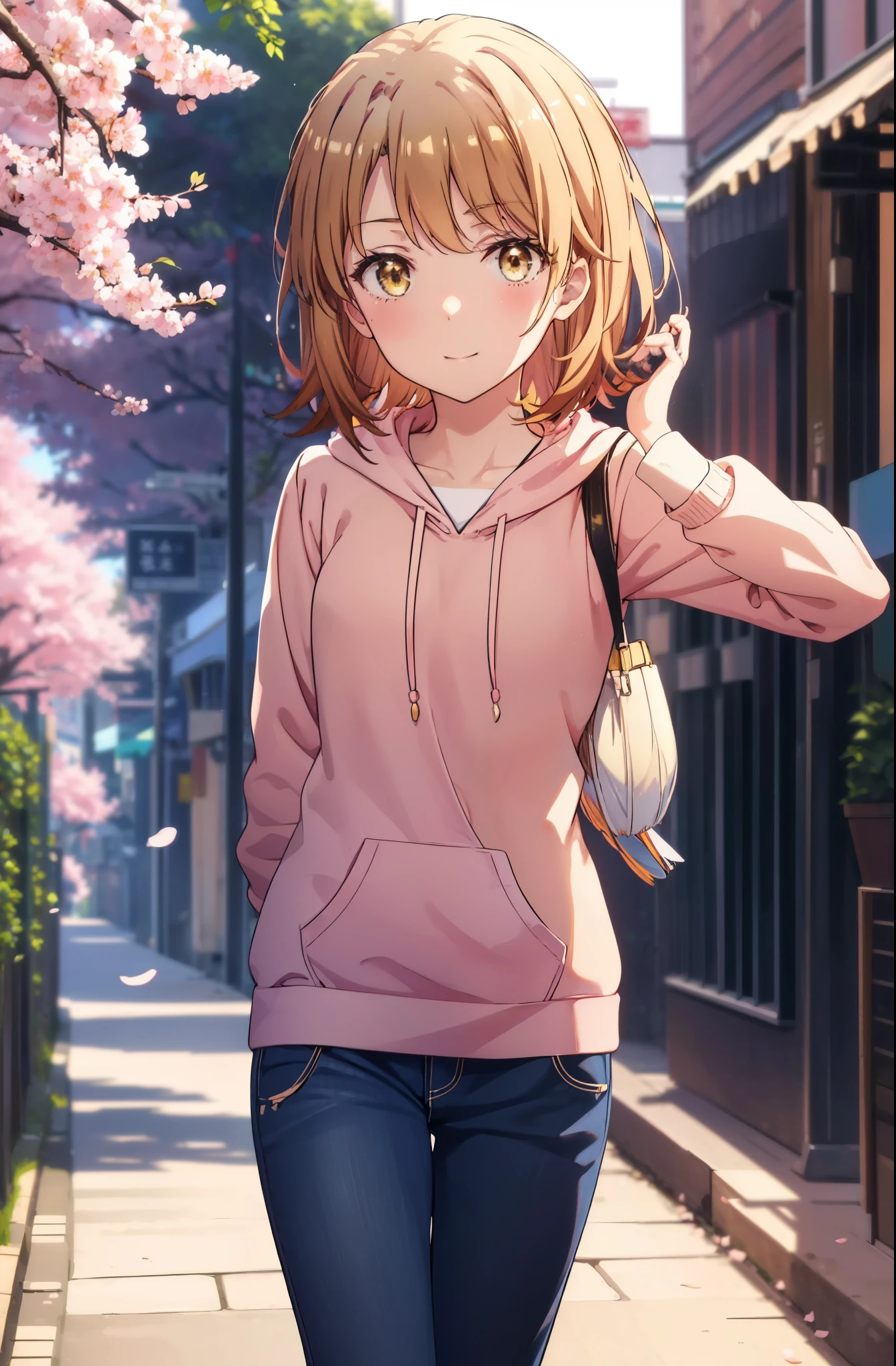 irohaisshiki, iroha isshiki, short hair, brown hair, (brown eyes:1.5), blush,smile,open your mouth,pink hoodie,short denim,Knee-high boots,Lots of cherry blossoms are blooming,Cherry blossoms are scattered,put both arms behind one&#39;s back,slouch,
break indoors, Cherry blossom tree-lined path,
break looking at viewer,whole body,Upper body,
break (masterpiece:1.2), highest quality, High resolution, unity 8k wallpaper, (shape:0.8), (thin and beautiful eyes:1.6), highly detailed face, perfect lighting, Very detailed CG, (perfect hands, perfect anatomy),