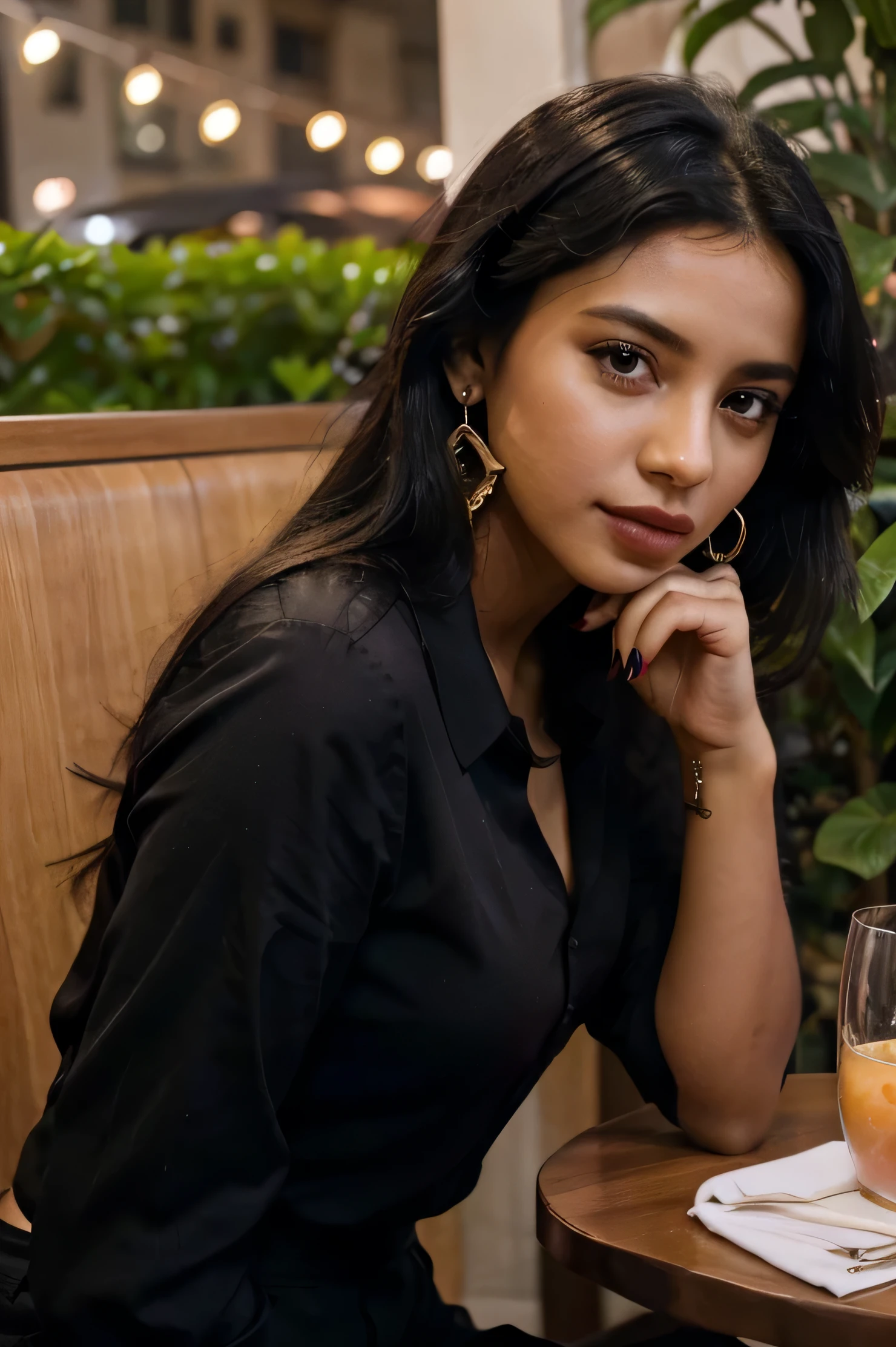 24 age girl, little dark skin, black hair, wearing long trousers and a blouse, black eyes, wearing earrings, and rose lipsticks, facing the camera, girl in a restaurant eating, hotel garden with a pool, nightlife, angel, beautiful, realistic, high quality, lovely, selfie