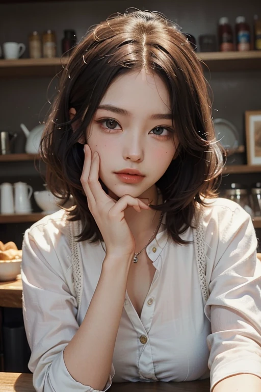 ((highest quality)), ((masterpiece)), (be familiar with), perfect face　cute　highest quality　masterpiece　normal 5 fingers　Glossy-haired cafe clerk