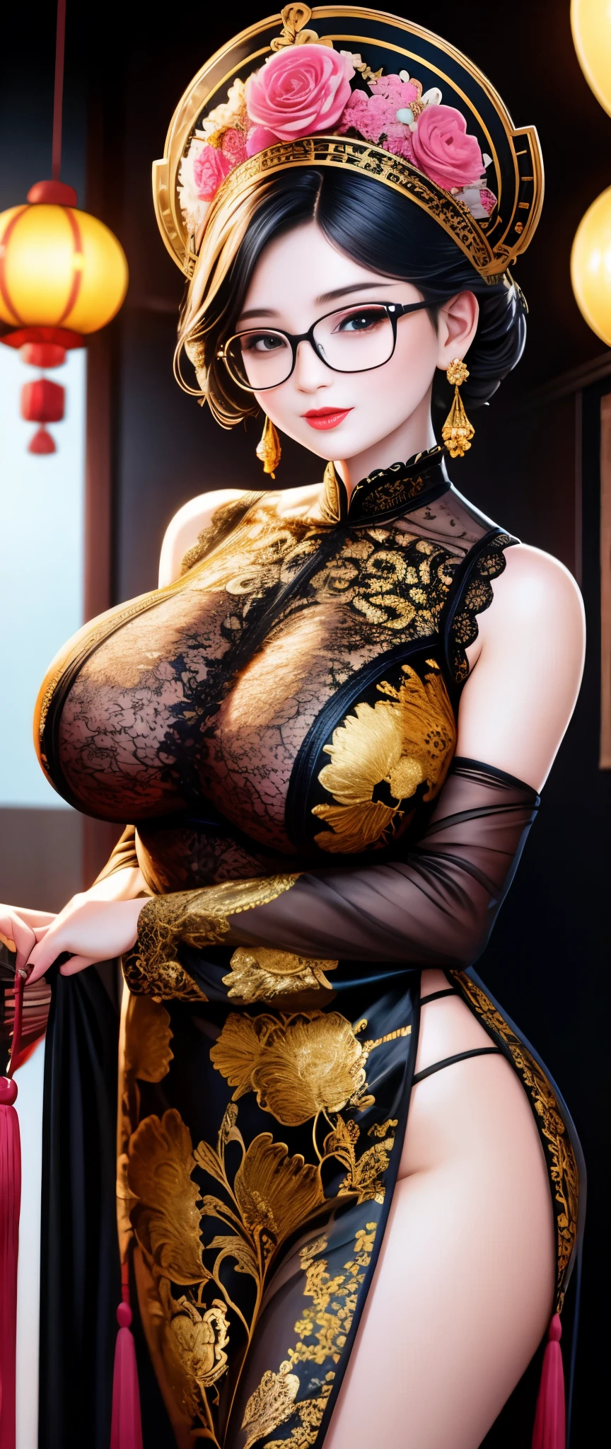 (masterpiece, best quality:1.2),Girl in jelly formation, alone,Exquisite hair color，short hair，( Wearing a black and gold sheer lace dress:1.2)，High heel,glowing skin，a lot of sweat(  Very dark skin 1.2)，wear glasses，earrings（（（excited expression）））blush，Chinese new year decoration，Festive tones，超big breasts,big breasts，large breast size，big breasts, Breasts are large and sagging，Nipple protrusion，pink areola，pink lips