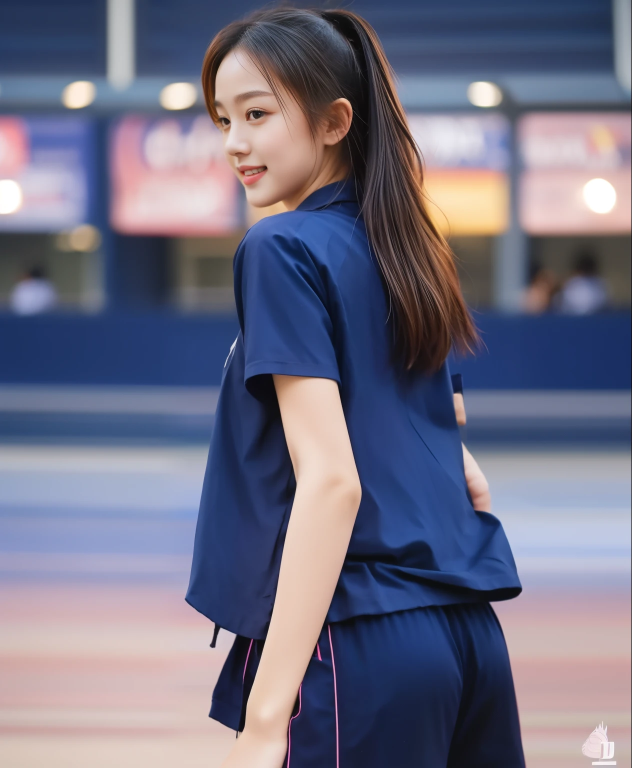 (best quality,10,10,height,Masterpiece:1.2),Special details,(realistic,ภาพrealistic,Realistic photos:1.37),1 cute girl on the football field,shiny, ผิวshiny,only,smile softly,BDclothelue shirt:1.3)),short sleeve,shirt, กางเกงขาlong.,(navy_long_track pants:1.1), ((stadium background:1.3)),Dynamic angle,excited,Face focus,dynamic poses,from behind,focus on ass,Masterpiece, best quality, ultra realistic, hyper-detail, 8K resolution, raw photos, Sharp focus, ((Navy blue shirt:1.1)), short sleeve, เส้นทางlong, perfect body, 2 mature women, 18 years old, Cinema-grade lighting system,blue sweatpants,shirtผ้าออกกำลังกาย,correct anatomy,perfect body, correct body, Sharp face, correct bodyทางกายวิภาค, full body, realistic gestures, long-haired, realistic poses,Wear long shorts................................,ช่วงขาlong,Good shape,carved girl, Slender figure, model, Good shape, beautiful body,blue sweatpants, two girls kissing