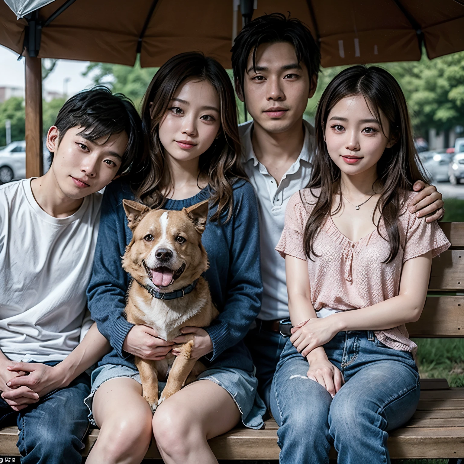 Customary woman sitting on a bench with a dog on her lap, Tzuyu from Twice, with dogs, Li Zixin, Ye denies, Sha XI, Gemma Chen, xisionwu, Masayoshi Soto and Artgerm, photo taken with Nikon D 7 5 0, photo taken With a man next to her hugging her and two  smiling at the camera 