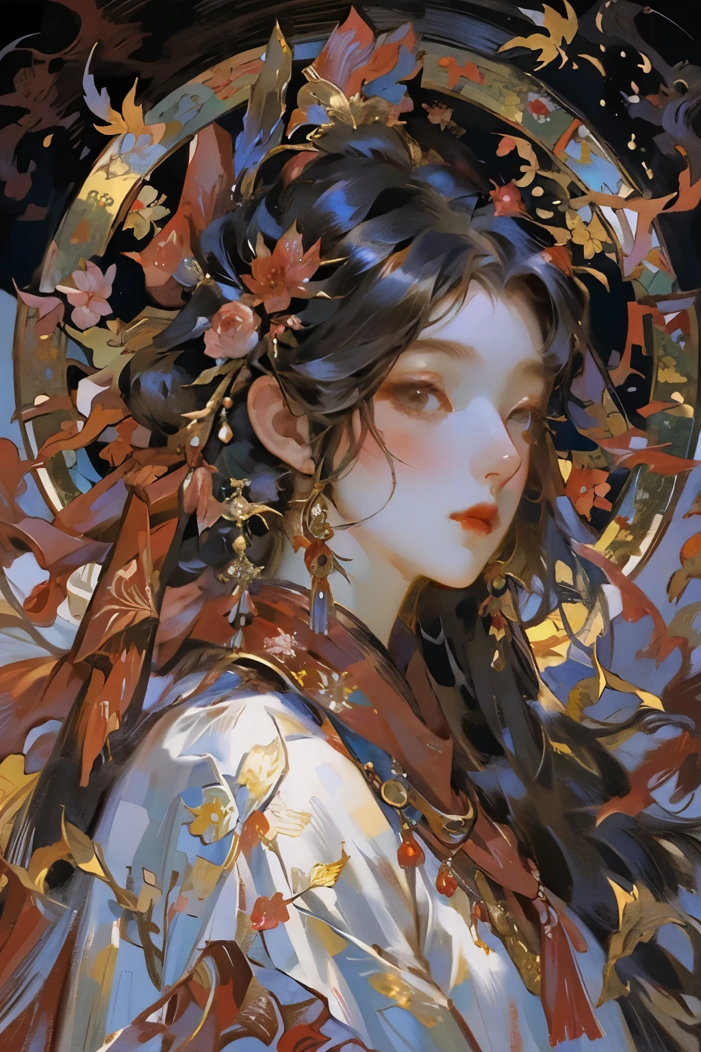 Exquisite facial features,one wearing red clothes、Close-up of woman wearing red scarf, Korean Art Nouveau Animation, anime art nouveau, Alphonse Mucha and Rose Drews, beautiful数字插图, the goddess of autumn harvest, goddess of autumn, Inspired by Alphonse Mucha, beautiful anime artwork, sailor jupiter. beautiful, Inspired by Yanagawa Shigenobu, Empress Autumn
