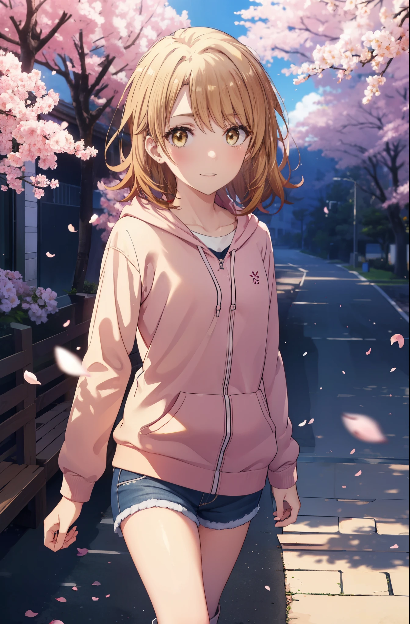 irohaisshiki, iroha isshiki, short hair, brown hair, (brown eyes:1.5), blush,smile,open your mouth,pink hoodie,short denim pants,Knee-high boots,Lots of cherry blossoms are blooming,Cherry blossoms are scattered,put both arms behind one's back,slouch,
break indoors, Cherry blossom tree-lined path,
break looking at viewer,whole body,Upper body,
break (masterpiece:1.2), highest quality, High resolution, unity 8k wallpaper, (shape:0.8), (thin and beautiful eyes:1.6), highly detailed face, perfect lighting, Very detailed CG, (perfect hands, perfect anatomy),