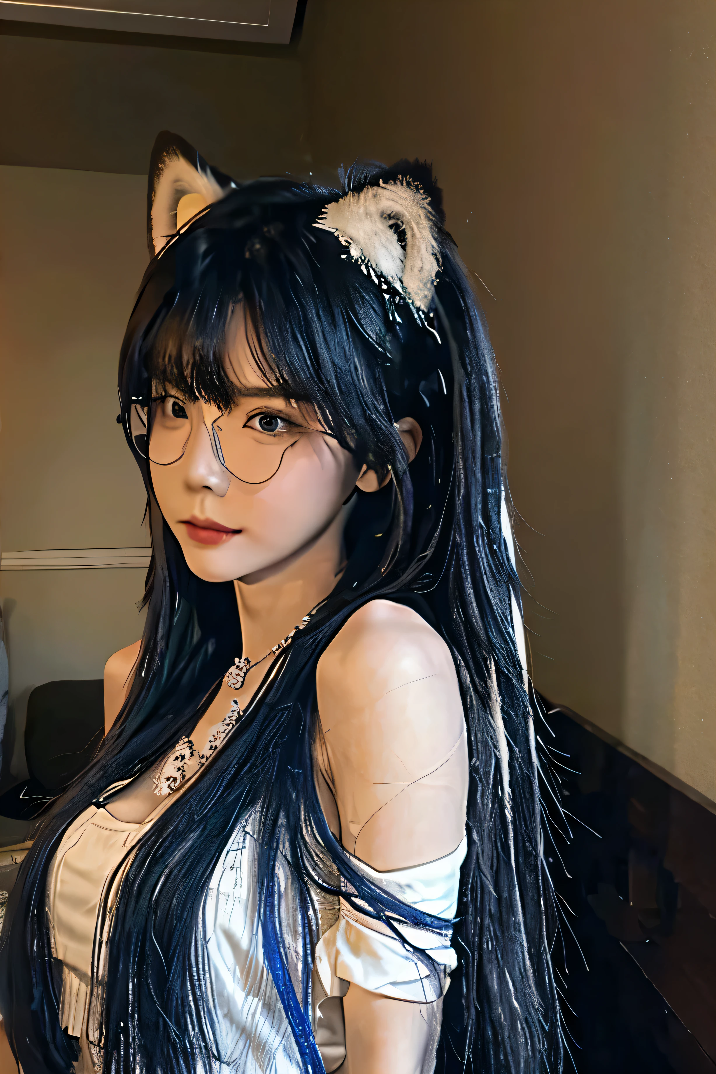 (best quality, masterpiece:1.2),super detailed,actual,portrait,side view,blue eyes, Laura: Dousha1:0.9,Li Ying, Li Dousha, panda ears, Bangs, Just shoulder, blue eyes, wear glasses, Eyes between hair, L in G hair, sunglasses, very long hair, 1 girl, white hair, striped hair, blue hair