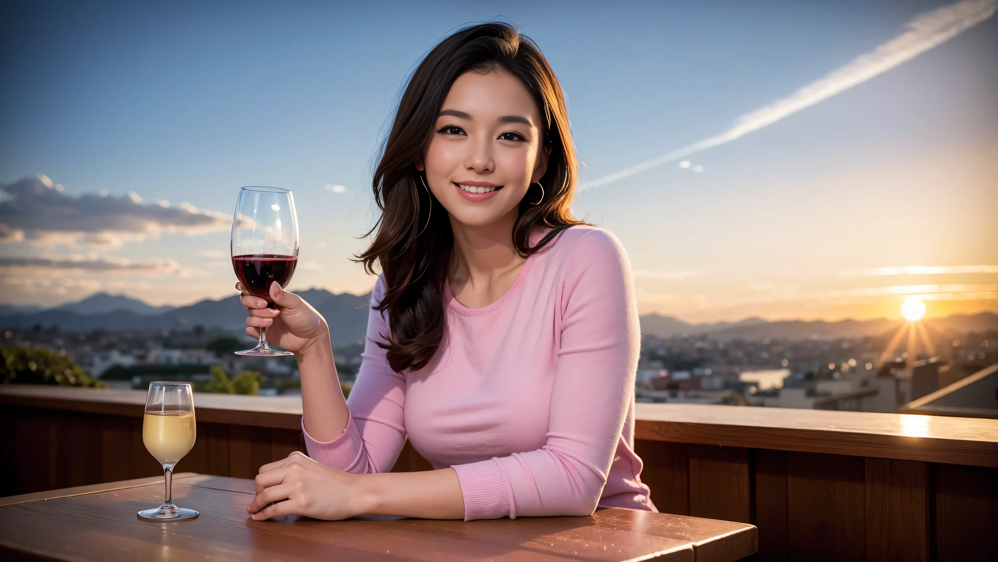 (including 64k, nffsw, highest quality, table top: 1.2), (realistic, photorealistic: 1.37), Spectacular view of the sunset sky and clouds、Amazing mountain views、long sleeve shirt、winter fashion、Columbia、Brazilian、Japanese、Dutch、German、Portuguese、Belgian、Italian、French,Champagne、sparkling wine、 (slimフェイス), (slimボティ), (brown hair), (shortcut), neat beauty、cheeks turn a little red, (35 years old), 38 years old, alone, 窓の外には美しく緻密なnight景が広がります., restaurant, wine glassが座っている, nightに, in a prominent place (from the Upper body) nova frog style, actress, model, Upper body, White wine, slim, wine glass, Super Clean night View, wine glass Put in the Middle, Happy smile, (smile: 1.15), beautiful and detailed eyes, Upper body, bust japan up, night, short, short, actress, model, Upper body, White wine, slim, wine glass, Super Clean night View, wine glass Put in the Middle, Happy smile,