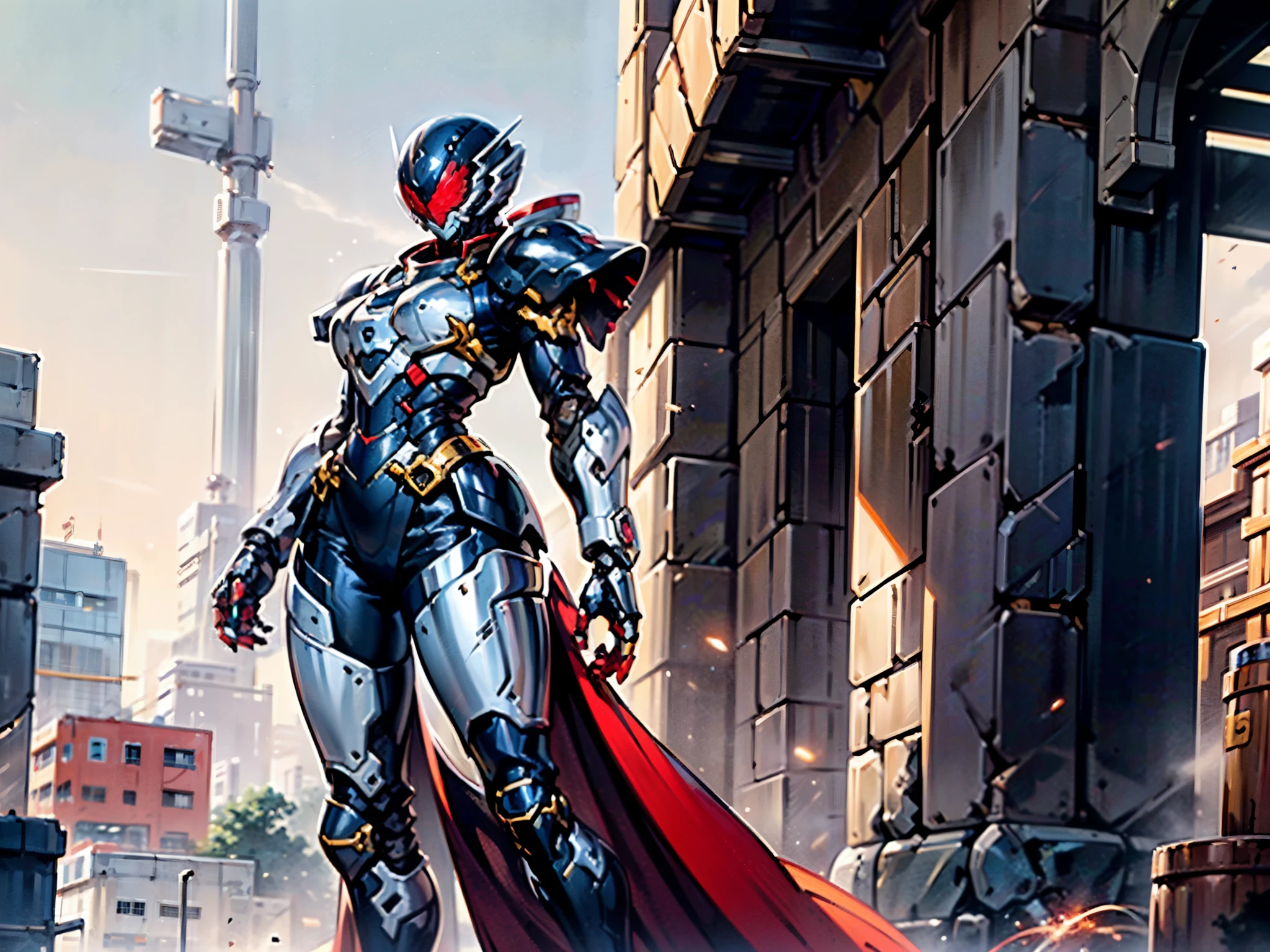 A woman adorned in fantasy-style full-body armor, a crown-concept fully enclosed helmet that unveils only her eyes, a composite layered chest plate, fully encompassing shoulder and hand guards, a lightweight waist armor, form-fitting shin guards, the overall design is heavy-duty yet flexible, ((the armor gleams with a golden glow, complemented by red and blue accents)), exhibiting a noble aura, she floats above a fantasy-surreal high-tech city, this character embodies a finely crafted fantasy-surreal style armored hero in anime style, exquisite and mature manga art style, (Queen bee mixed with Spider concept Armor, plasma, blood), ((Element, energy, elegant, goddess, femminine:1.5)), metallic, high definition, best quality, highres, ultra-detailed, ultra-fine painting, extremely delicate, professional, anatomically correct, symmetrical face, extremely detailed eyes and face, high quality eyes, creativity, RAW photo, UHD, 32k, Natural light, cinematic lighting, masterpiece-anatomy-perfect, masterpiece:1.5