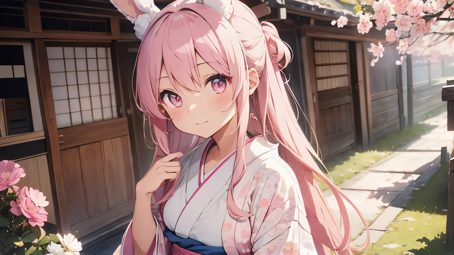 beautiful illustrations, highest quality, pretty girl, pastel colour, fluffy rabbit ears, pink long hair, light pink eyes,Japanese tea,kimono