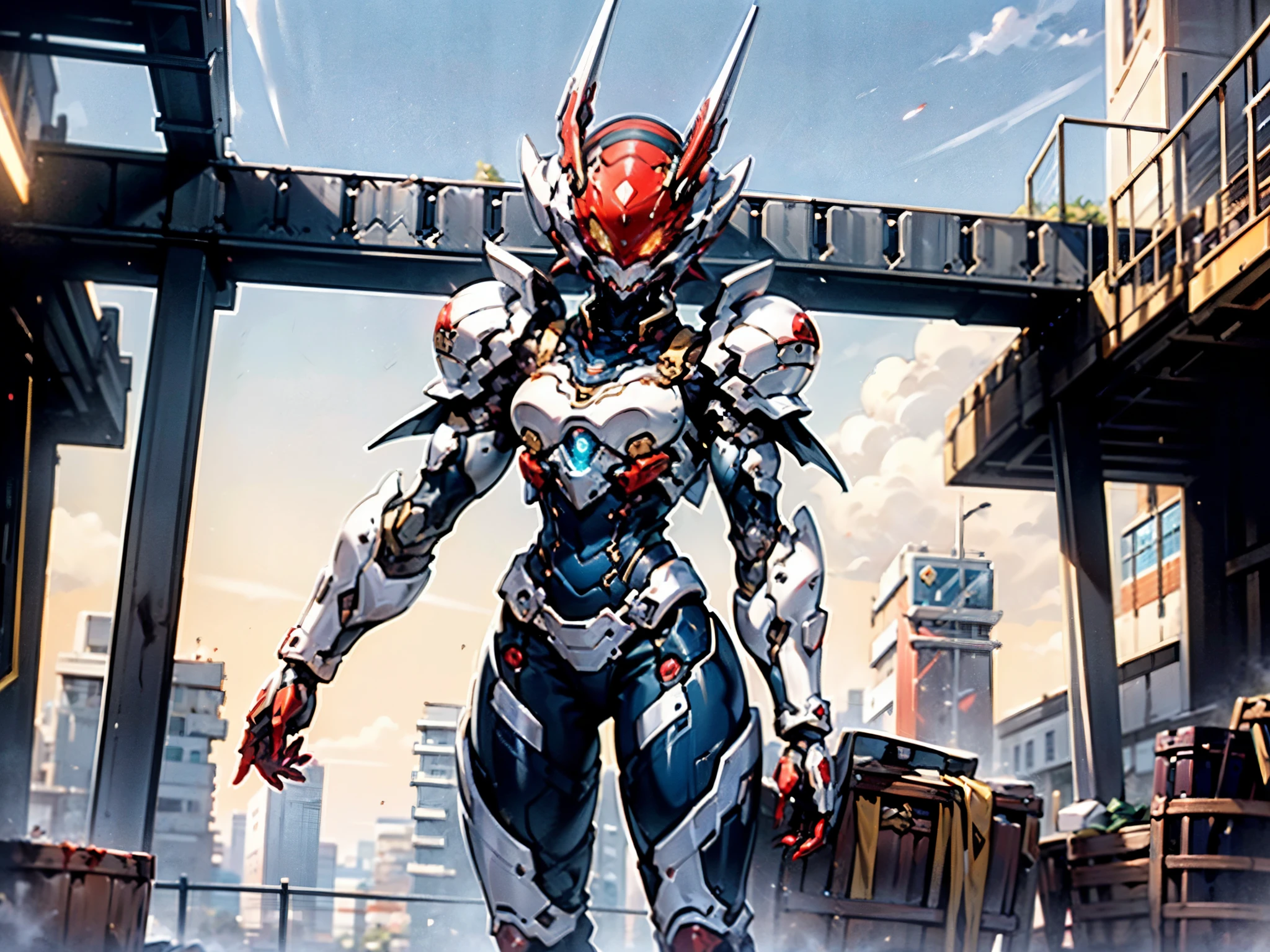 A woman adorned in fantasy-style full-body armor, a crown-concept fully enclosed helmet that unveils only her eyes, a composite layered chest plate, fully encompassing shoulder and hand guards, a lightweight waist armor, form-fitting shin guards, the overall design is heavy-duty yet flexible, ((the armor gleams with a golden glow, complemented by red and blue accents)), exhibiting a noble aura, she floats above a fantasy-surreal high-tech city, this character embodies a finely crafted fantasy-surreal style armored hero in anime style, exquisite and mature manga art style, (Queen bee mixed with Spider concept Armor, plasma, blood), ((Element, energy, elegant, goddess, femminine:1.5)), metallic, high definition, best quality, highres, ultra-detailed, ultra-fine painting, extremely delicate, professional, anatomically correct, symmetrical face, extremely detailed eyes and face, high quality eyes, creativity, RAW photo, UHD, 32k, Natural light, cinematic lighting, masterpiece-anatomy-perfect, masterpiece:1.5
