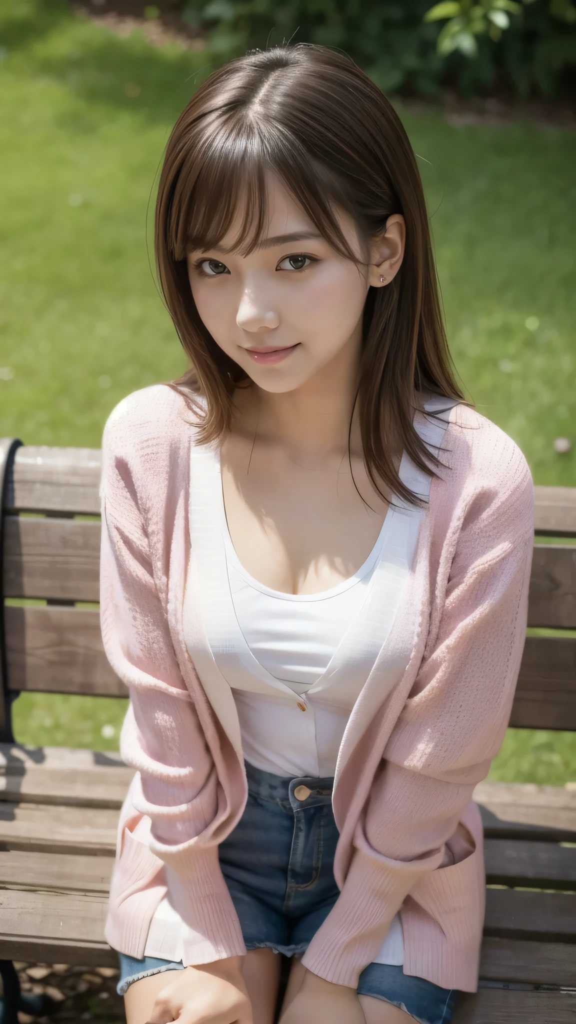 (masterpiece), (highest quality), (super detailed), 1 girl, sexy pose, blush, ((open casual cardigan:1.2)), Happy, looking at the viewer, big hair, brown hair, wood々in a park with,bench, shy ,sitting on the ground, ((alone)) ,anxiety, blush, Naughty,from below,Because I&#39;m slender,(shiny skin, wet skin:0.8), sweating, Rainy,~ side, From before, From above,long wet voice, ((Pink Inner))