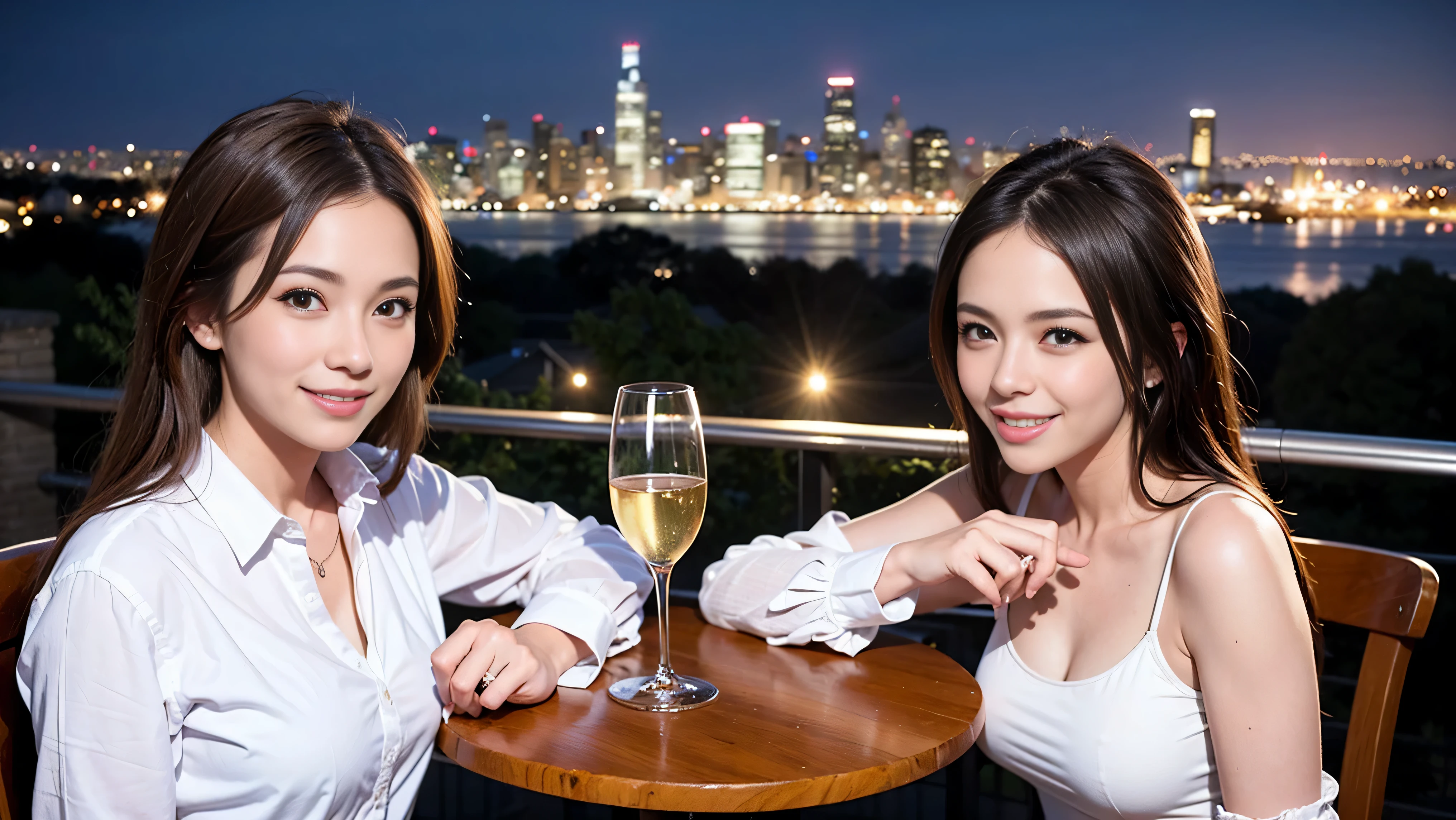 64k, Hmm, highest quality, masterpiece: 1.2), (realistic, photorealistic: 1.37), Spectacular view of the sunset sky and clouds、Amazing mountain views、slimな美女3名, (slimフェイス),Happy、 最高なsmile、Fox face、Berry Short、(because I'thin), (brown hair), (shortcut), long sleeve shirt、winter fashion、Colombian、Brazilian、Japanese、Dutch、German、Portuguese、Belgian、Italian、French,Champagne、sparkling wine、 (squirt), (slimボティ), (brown hair), (shortcut), neat beauty、cheeks turn a little red, (35 years old), 38 years old, alone, A beautiful and detailed night view spreads out outside the window....., restaurant, wine glassが座っている, At night, in a prominent place (from the Upper body) nova frog style, actress, model, Upper body, White wine, slim, wine glass, Very beautiful night view, wine glass Put in the Middle, Happy smile, (smile: 1.15),
