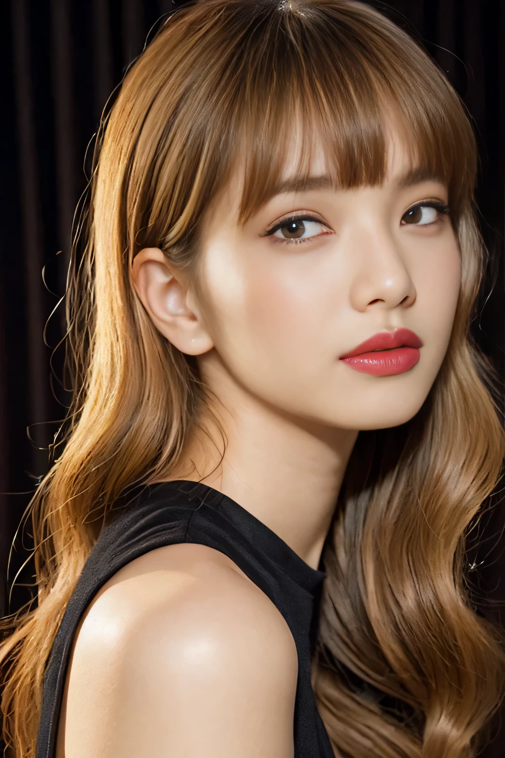 (side part, long curtain bang: 1.5),plunge neckline top, long sexy hair, blonde highlighted hair color, glamorous makeup