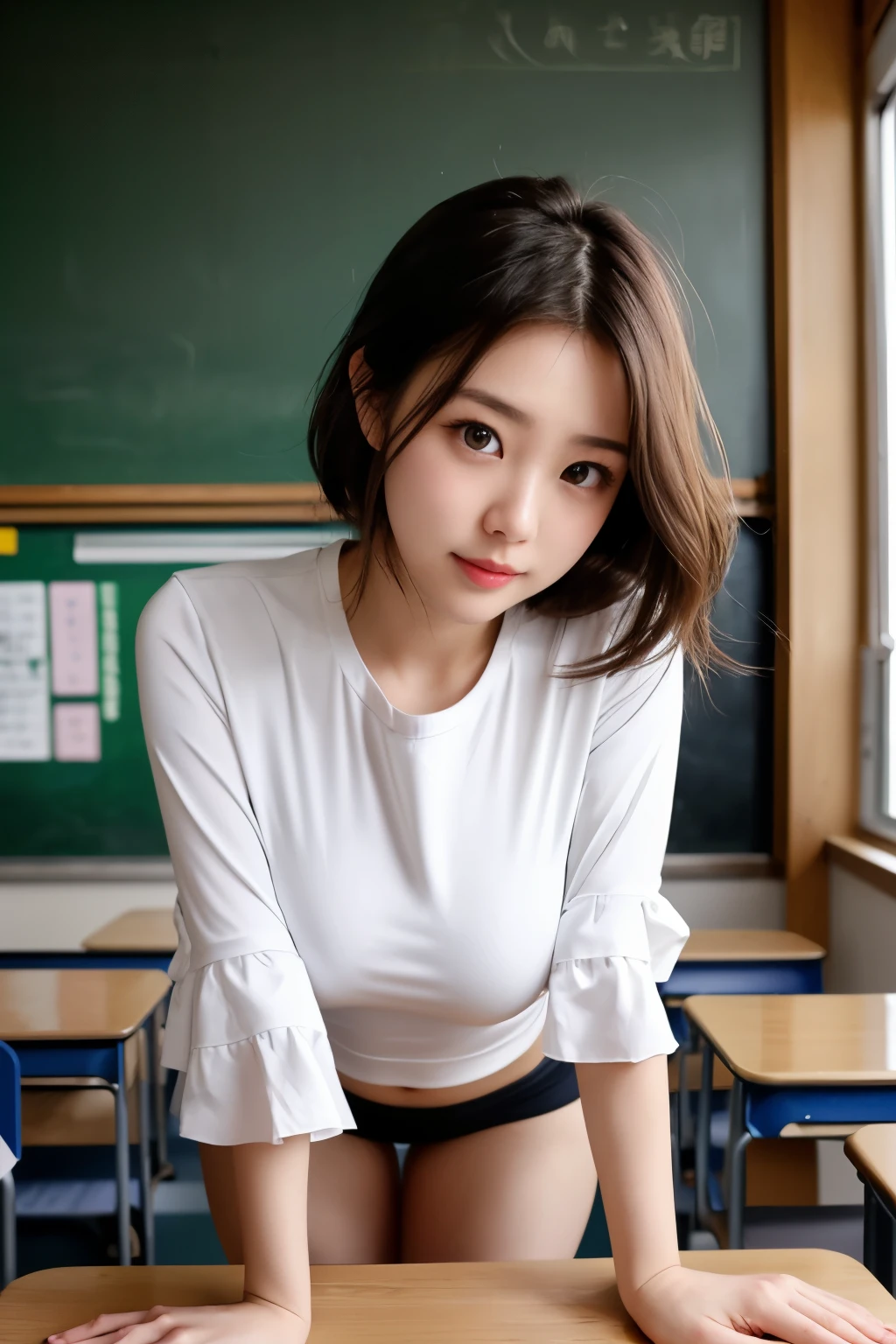 {{NSFW}},((highest quality、In 8K、masterpiece:1.1)),(Natural light),(shine:1.4),(illuminate the front),1 female、japanese woman、25 year old adult female、japanese girl、前hairが可愛い女性、肩までのhairの毛、droopy eyes、droopy eyes、cute big eyes、beautiful double eyes、cute face、delicate and beautiful skin、human-like skin、Realistic skin feel、複雑な色hair.luster々hair、looking at camera、double round big eyes、Very delicate eyes、super detailed face、high definition lip、thick lips、emphasize the face、clear white skin、beautiful white woman、Compression Shirt 、shirt formal、Moe sleeves、under boob、Nipples are erect and protruding、knees bent、lie on one’s back、from below 、full body、Take a picture of a standing woman from below、手hairを縛っている最中の女性、In front of the blackboard in the school classroom、