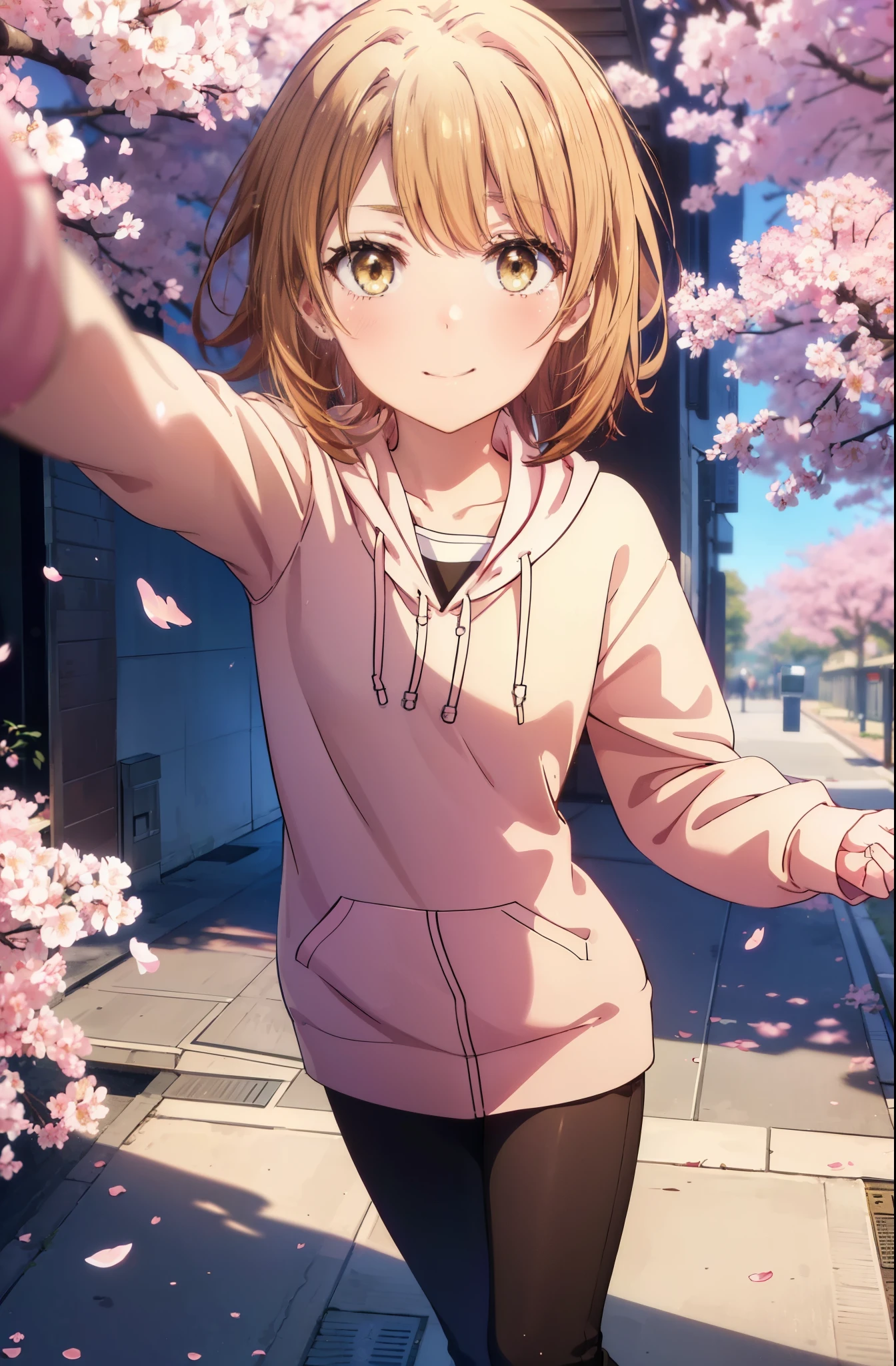 irohaisshiki, iroha isshiki, short hair, brown hair, (brown eyes:1.5), blush,smile,open your mouth,pink hoodie,short denim pants,Knee-high boots,Lots of cherry blossoms are blooming,Cherry blossoms are scattered,put both arms behind one's back,slouch,
break indoors, Cherry blossom tree-lined path,
break looking at viewer,whole body,Upper body,
break (masterpiece:1.2), highest quality, High resolution, unity 8k wallpaper, (shape:0.8), (thin and beautiful eyes:1.6), highly detailed face, perfect lighting, Very detailed CG, (perfect hands, perfect anatomy),