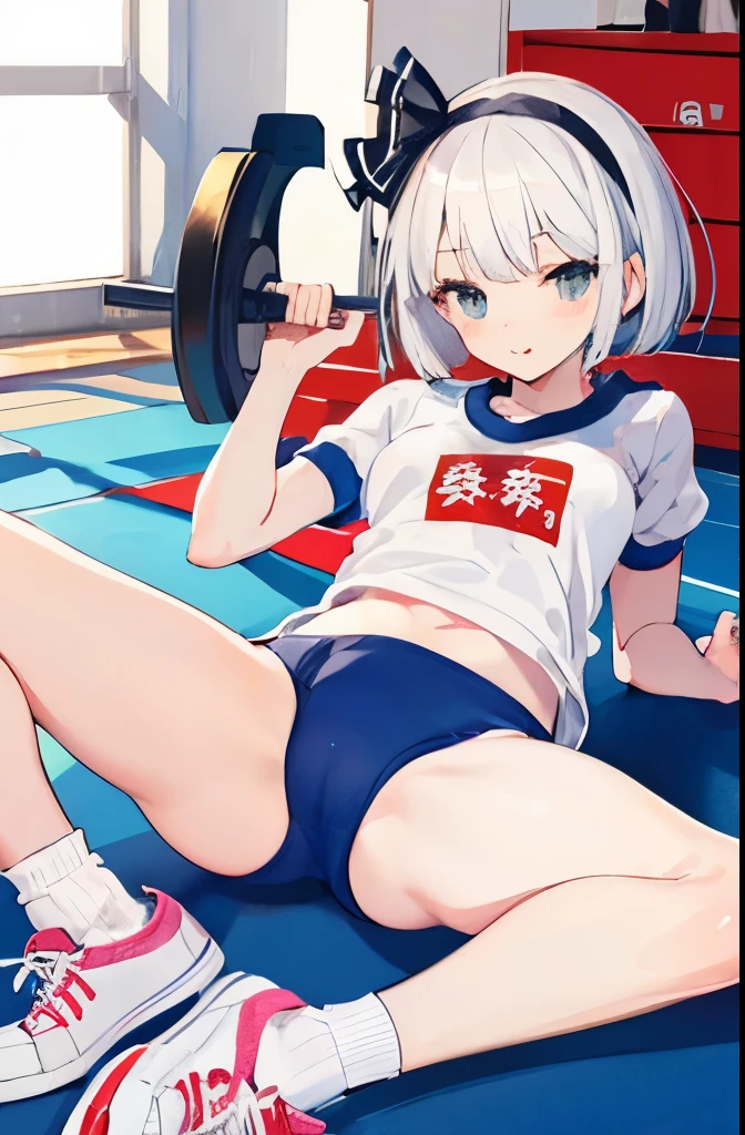 Youmu,

((((This is a very cute gym uniform)))),
, 

(((crystal white ankle socks))), ((sneakers))