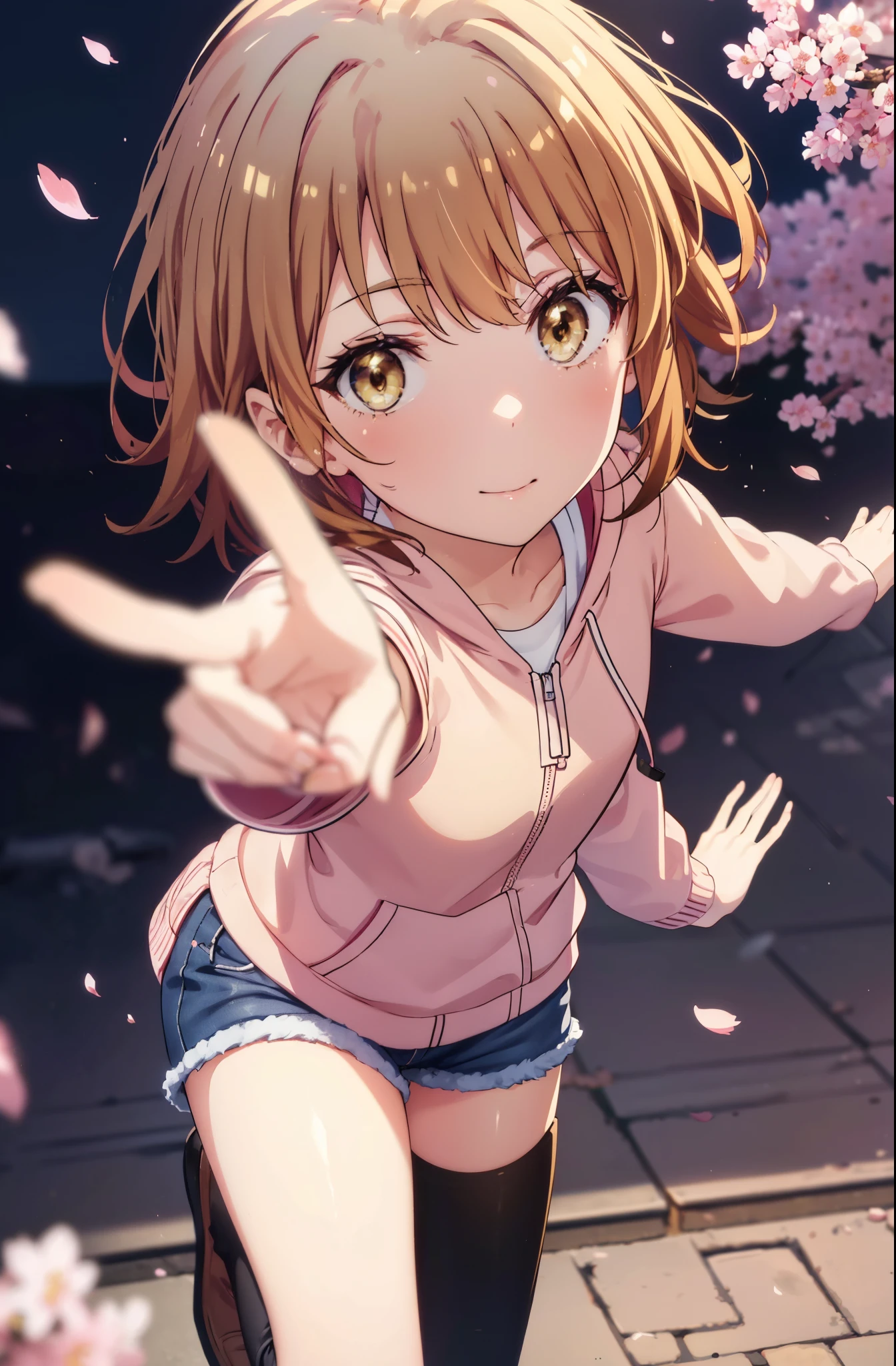 irohaisshiki, iroha isshiki, short hair, brown hair, (brown eyes:1.5), blush,smile,open your mouth,pink hoodie,short denim pants,Knee-high boots,Lots of cherry blossoms are blooming,Cherry blossoms are scattered,put both arms behind one&#39;s back,slouch,
break indoors, Cherry blossom tree-lined path,
break looking at viewer,whole body,Upper body,
break (masterpiece:1.2), highest quality, High resolution, unity 8k wallpaper, (shape:0.8), (thin and beautiful eyes:1.6), highly detailed face, perfect lighting, Very detailed CG, (perfect hands, perfect anatomy),