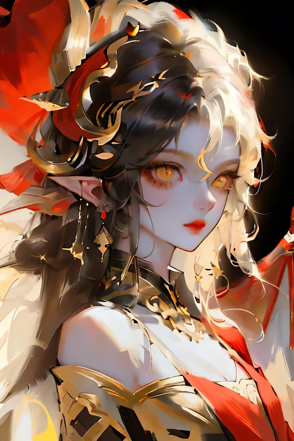 masterpiece, high resolution, best quality, Very detailed, wallpaper, ish, brush stroke, pointed ears, yellow eyes, slit pupil, beautiful woman, red dress