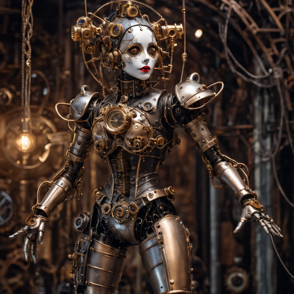 High Resolution, High Quality, Masterpiece. High-tech steampunk Gothic puppet Harlequin in full growth. Gold and silver wires and threads. Hydraulics and steam drives. A mix of Steampunk and Gothic design. Confusing details. Gears. Surreal background. Hyperdetalization. volumetric light creating auras and rays, vivid color reflections, mythical creature, ultra-realistic, breathtaking beauty, unforgettable impression. Octane rendering. Digital photo Masterpiece. 32k, high-resolution, 32k resolution, gear mecha aesthetic, detailed acrylic textures.