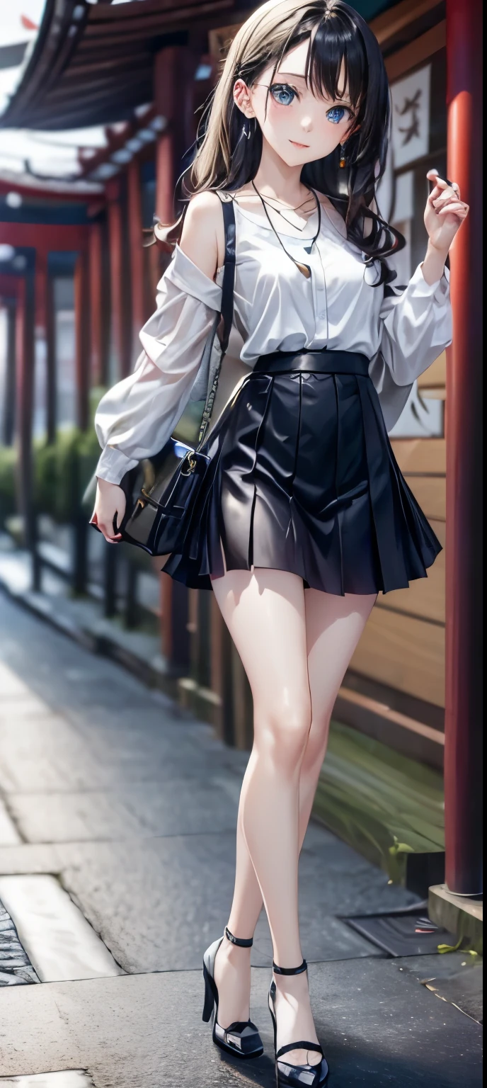 masterpiece、((focus on the face))、(full body shot、Full body photo including face)、((Symmetrical facial features))、Eyes of minute description、Beautiful woman、outstanding style、slender body、(small ass、thin thighs)、(smiling shyly、Watery eye)、peplum。enamel long skirt、pantyhose、(high heels、anklets of the same color)、Photo showing the whole body、one handbag in one hand、head to toe photo、Detailed depiction of faces、small earrings、necklace、Walking inside the Senbon Torii gates of Fushimi Inari Taisha Shrine、high angle、The subject is far away、shallow depth of field、wide angle focal length、dark blue eyes、upward glance、silver blonde、long straight hair、it's raining、(courtesy)