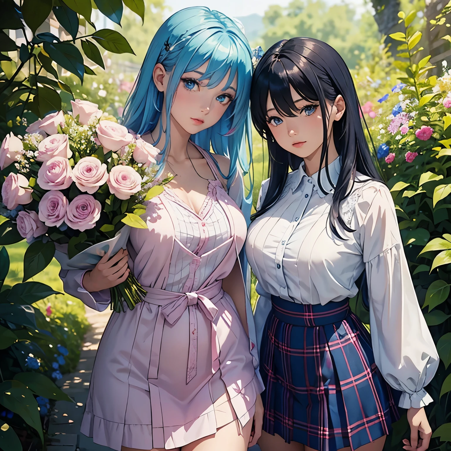 "highly detailed blue-haired with large breasts, clear blue eyes, pink lips, slender physique, wearing a plaid skirt and a white blouse, standing in a blooming garden full of colorful flowers, surrounded by vibrant green trees and a clear blue sky. The art style is a mixture of anime and realistic portraits. The color palette consists of soft pastel tones with a focus on light blues and pinks. The lighting is warm and gentle, casting soft shadows on the girl's face and creating a serene atmosphere. The image quality is the best with ultra-detailed features, showcasing every strand of hair, intricate patterns on the clothing, and the fine texture of the flowers and leaves. The overall composition should evoke a sense of innocence, beauty, and tranquility."