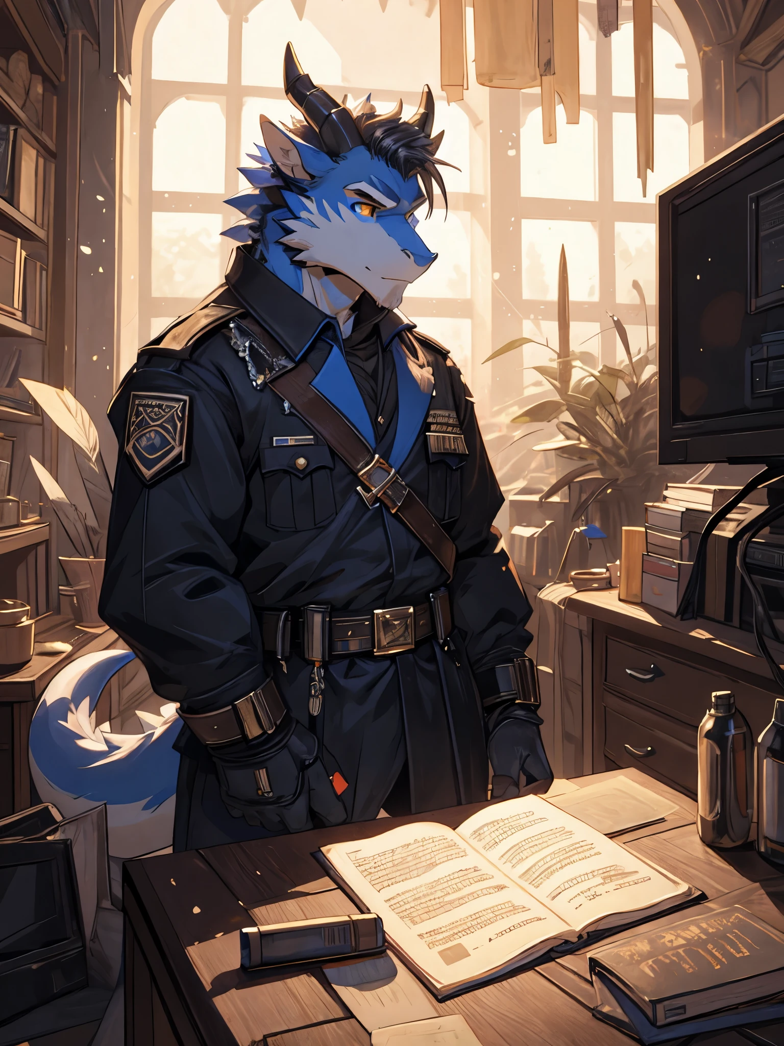 masterpiece, alone, cool pose, Furry blue dragon, A pair of black dragon horns,moderate intensity body, golden eyes, Gray medium hair, combat black shirt, combat gloves, combat pants, Handsome, nice,Working hard at the company's desk to organize information.