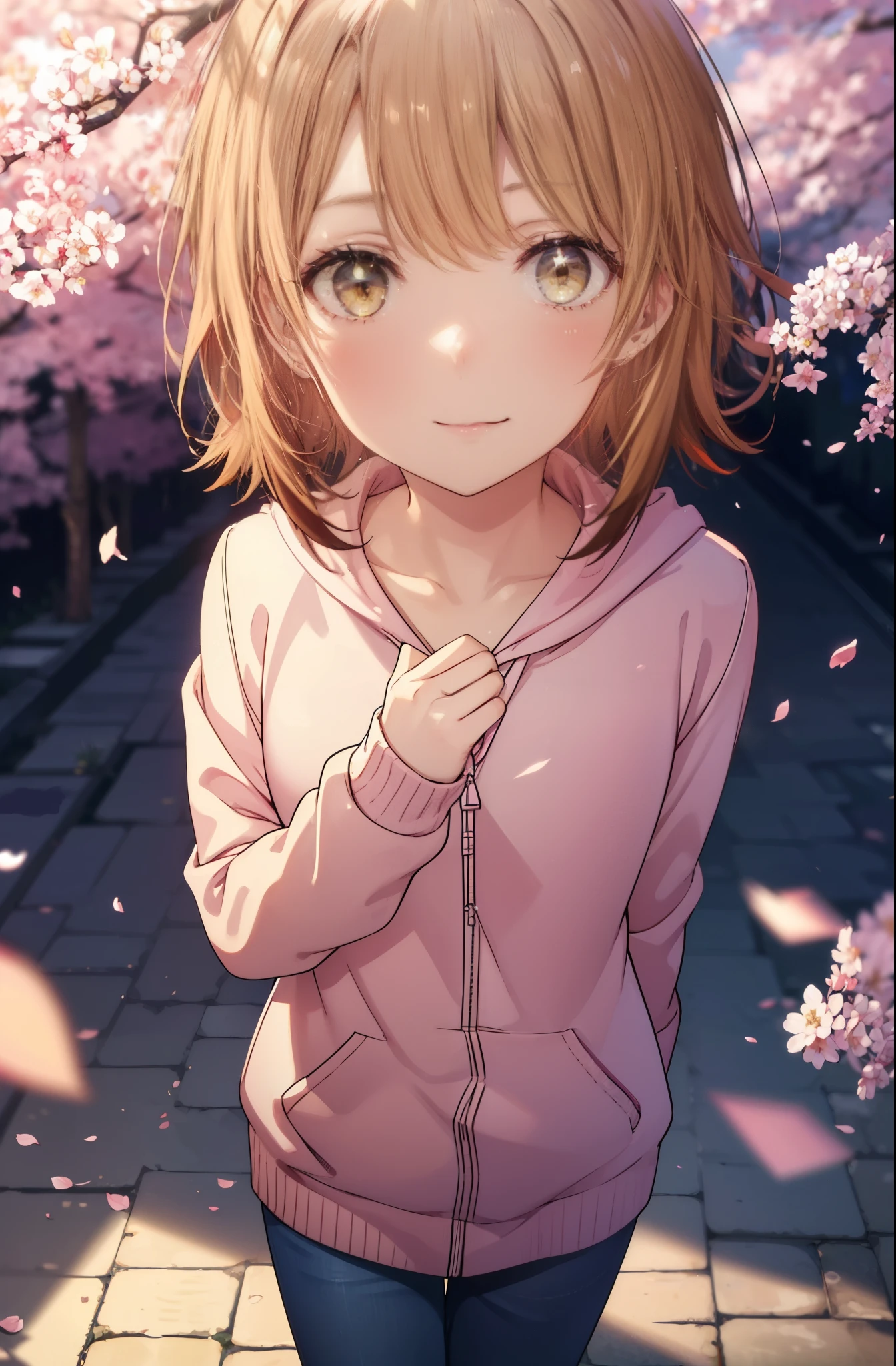 irohaisshiki, iroha isshiki, short hair, brown hair, (brown eyes:1.5), blush,smile,open your mouth,pink hoodie,short denim pants,Knee-high boots,Lots of cherry blossoms are blooming,Cherry blossoms are scattered,put both arms behind one's back,slouch,
break indoors, Cherry blossom tree-lined path,
break looking at viewer,whole body,Upper body,
break (masterpiece:1.2), highest quality, High resolution, unity 8k wallpaper, (shape:0.8), (thin and beautiful eyes:1.6), highly detailed face, perfect lighting, Very detailed CG, (perfect hands, perfect anatomy),