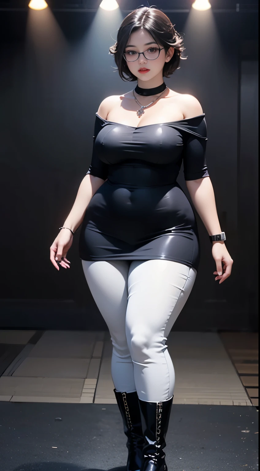 ((best quality)), ((masterpiece)), (detailed), perfect face, chubby woman, chubby face , chubby girl , widest hips , fat belly , thick neck ,, thicc , thick body , thick thighs , thick arm, small  but her body is a chubby, full body view, dark-black room, black bokeh background, tight dress, wearing high laced boots, short hairstyle, diamond necklace, wearing a watch, tall woman, restore face, white skin , longest tight pants , glasses , cold vibes, , 4k resolution, japanese goddess,voluptuous, looking at viewer, dominan