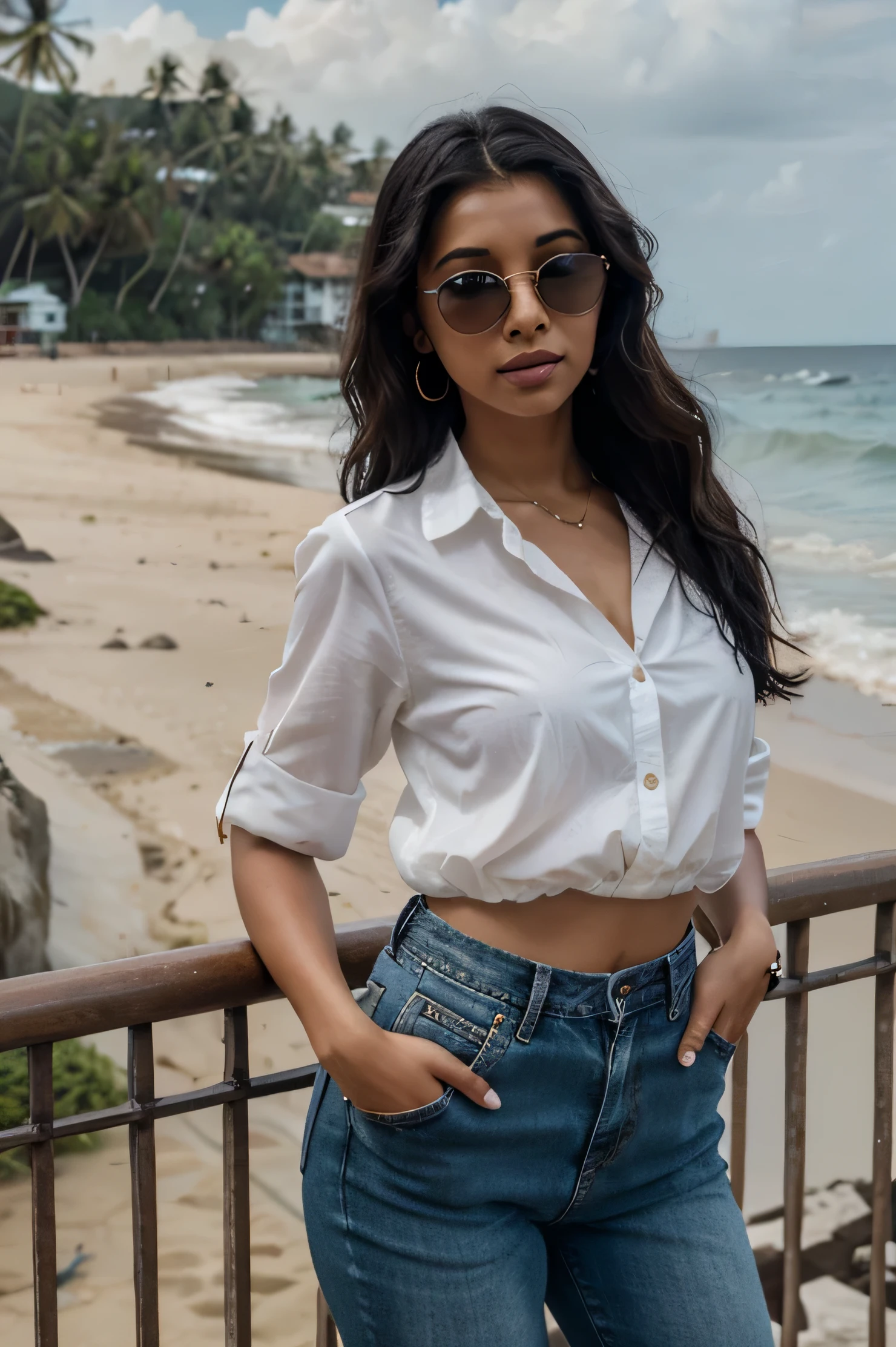 24 age girl, little dark skin, black hair, wearing short denim trousers and a blouse, black eyes, earrings, sunglasses, and rose lipsticks, facing the camera, girl in a beach,  touching sea wave,Sri lanka, mount Lavinia beach, playing,facing sea, touching sea wave, day life, angel, beautiful, realistic, high quality, lovely, selfie