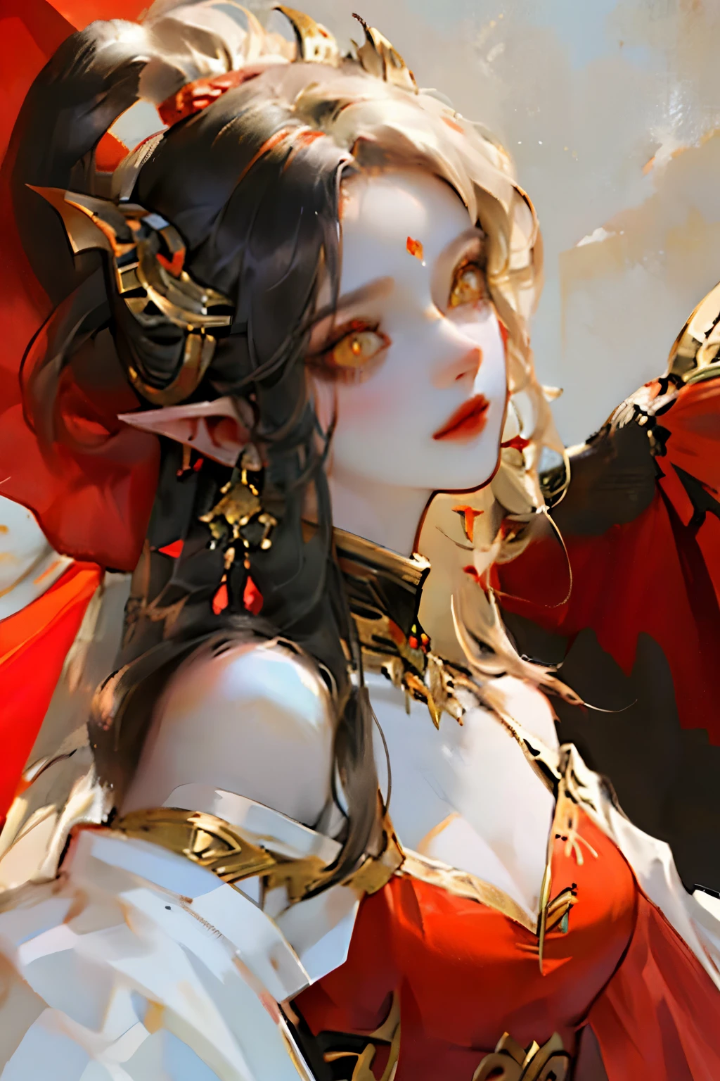 masterpiece, high resolution, best quality, Very detailed, wallpaper, ish, brush stroke, pointed ears, yellow eyes, slit pupil, beautiful female ???????, red dress
