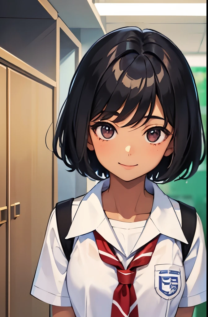 tan skin17歳、high school girl、hair is black、shortcut、full of energy、tanned skin、uniform、smile、inside the school、summer clothes、