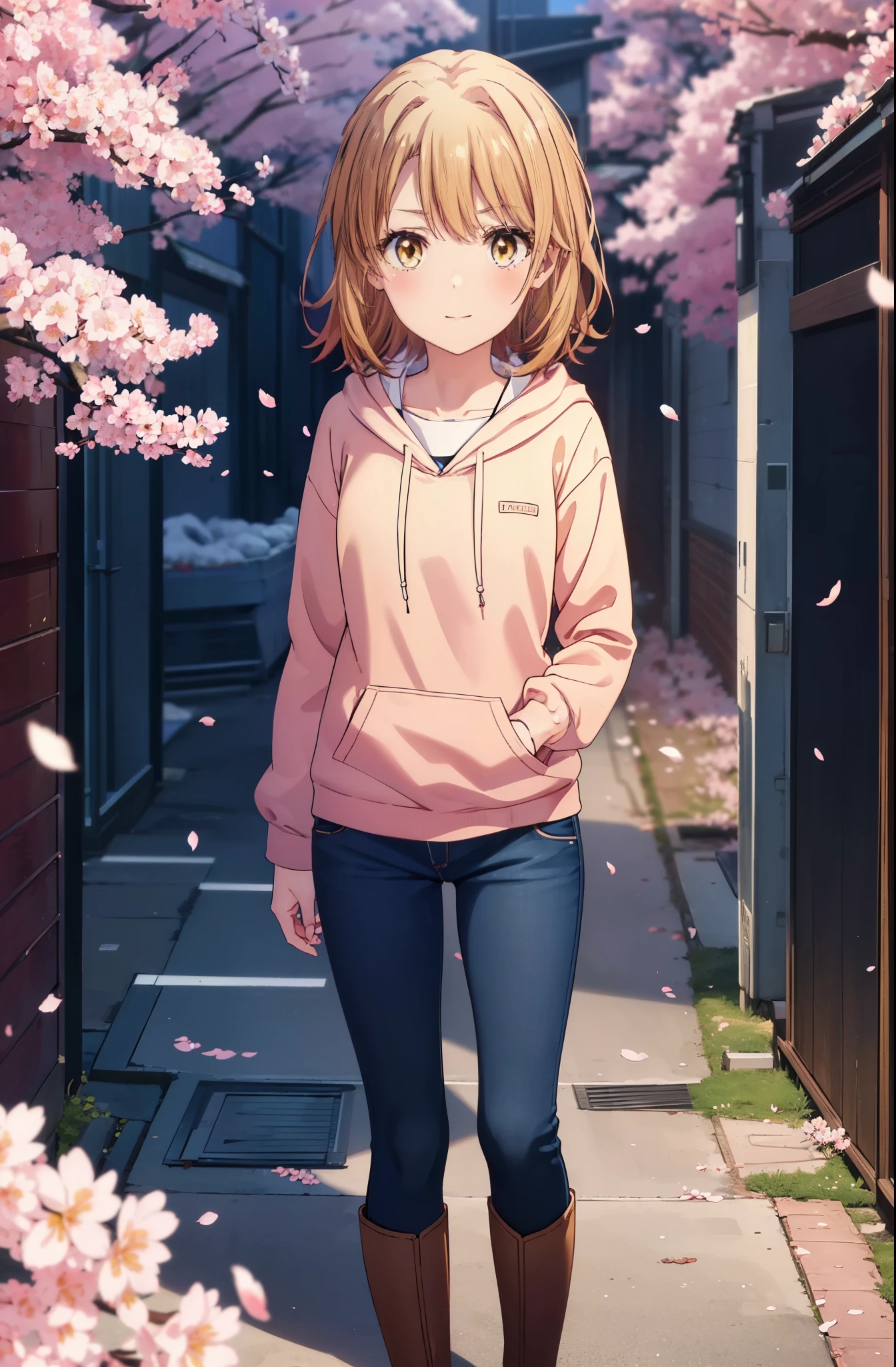 irohaisshiki, iroha isshiki, short hair, brown hair, (brown eyes:1.5), blush,smile,open your mouth,pink hoodie,short denim pants,Knee-high boots,Lots of cherry blossoms are blooming,Cherry blossoms are scattered,put both arms behind one's back,slouch,
break indoors, Cherry blossom tree-lined path,
break looking at viewer,whole body,Upper body,
break (masterpiece:1.2), highest quality, High resolution, unity 8k wallpaper, (shape:0.8), (thin and beautiful eyes:1.6), highly detailed face, perfect lighting, Very detailed CG, (perfect hands, perfect anatomy),