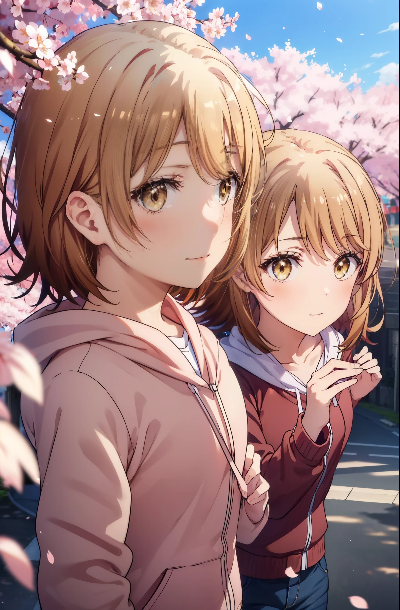 irohaisshiki, iroha isshiki, short hair, brown hair, (brown eyes:1.5), blush,smile,open your mouth,pink hoodie,short denim pants,Knee-high boots,Lots of cherry blossoms are blooming,Cherry blossoms are scattered,put both arms behind one&#39;s back,slouch,
break indoors, Cherry blossom tree-lined path,
break looking at viewer,whole body,Upper body,
break (masterpiece:1.2), highest quality, High resolution, unity 8k wallpaper, (shape:0.8), (thin and beautiful eyes:1.6), highly detailed face, perfect lighting, Very detailed CG, (perfect hands, perfect anatomy),