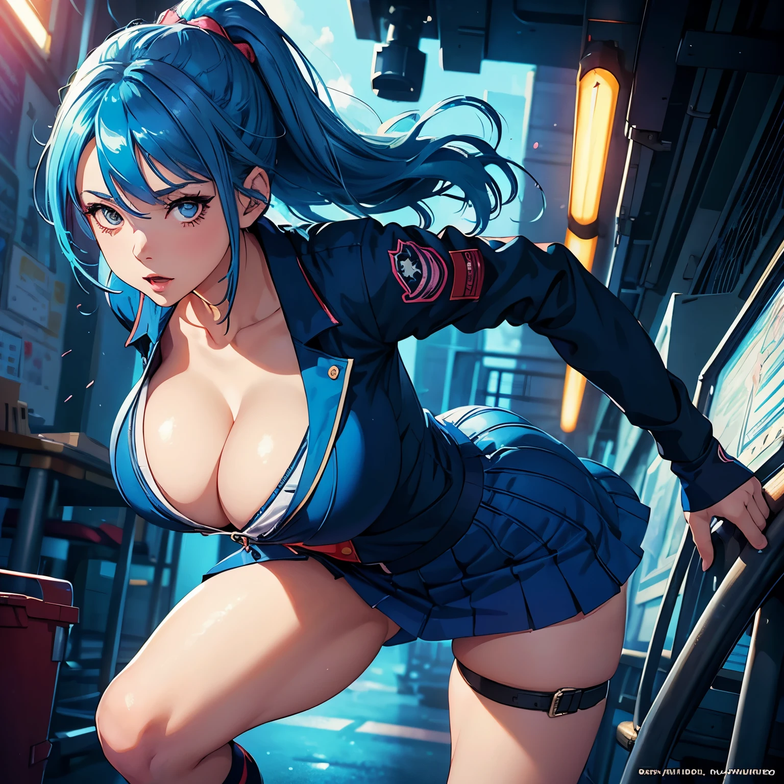 (a girl, blue hair, big breasts), illustrations, vibrant colors, detailed clothing, realistic lighting, high resolution, lively scene, confident expression, anime style, school setting, colorful background, dynamic pose, professional artwork