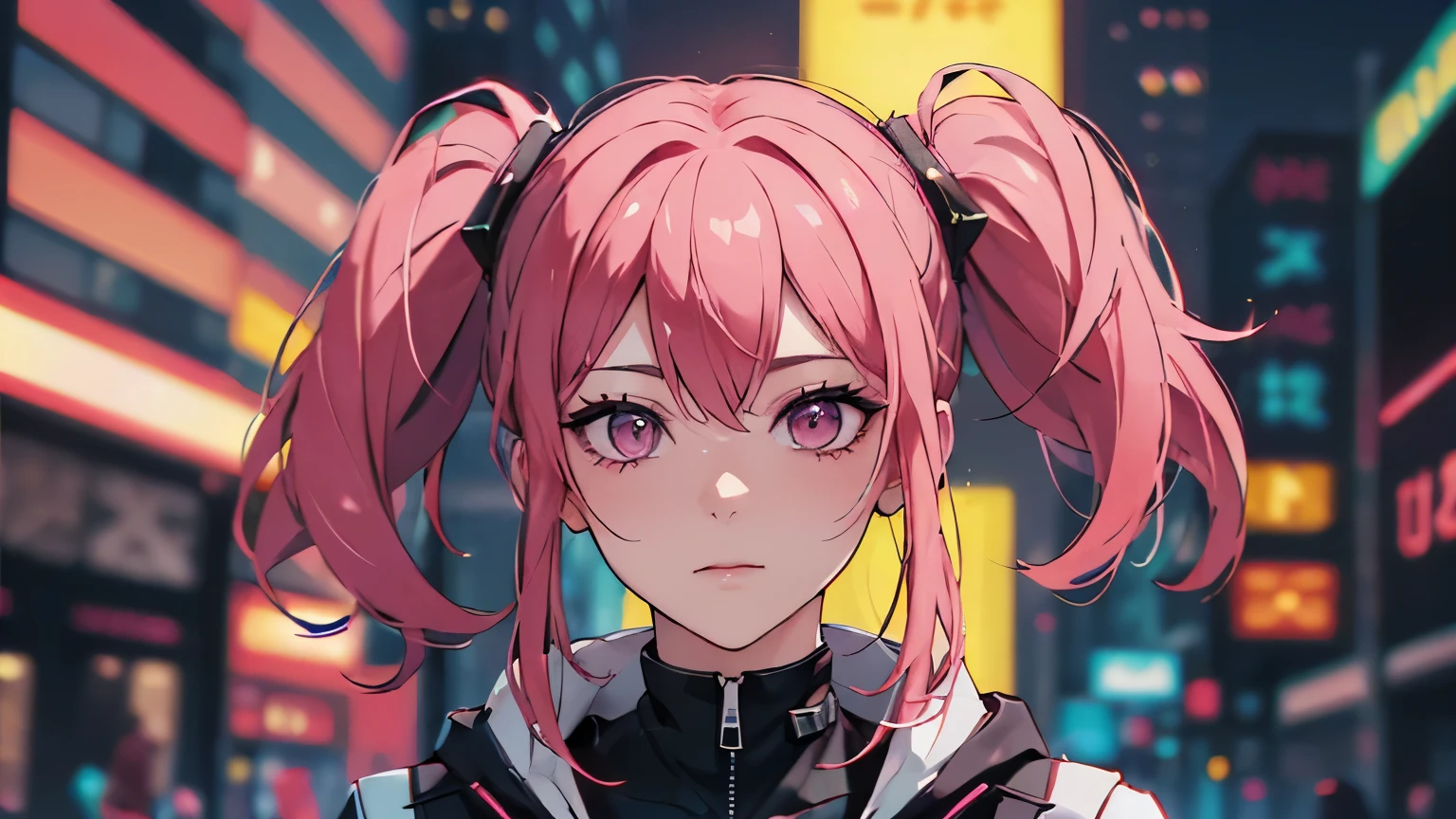 (obra-prima, melhor qualidade, noite, cabelo rosa, cabelo longo, twintails, 8k, absurdres,  bonita, cyberpunk, cyber goth, (cyberpunk, acento rosa fluorescente, linhas rosa brilhantes em jaqueta curta: 1.4), neon, pulseiras e gargantilha, (brilhante, brilho, movie grain, chromatic aberration:2), (asian shopping district, rua, buildings, sky scraper: 1.2), maquiagem, (brincos cianos: 1.3), sharp-focus, fundo escuro,  perspectiva, profundidade de campo, (very small mechanical device, chuva, HDR, facelight, sharp-focus, dynamic lighting, cinematiclighting, sombra profissional, extremamente detalhado, detalhes finos, pele real: 0,8), (olhos detalhados, pupilas afiadas, pupilas realistas, fundo escuro: 0,6), (efeito de falha: 0,7), pupilas amarelas