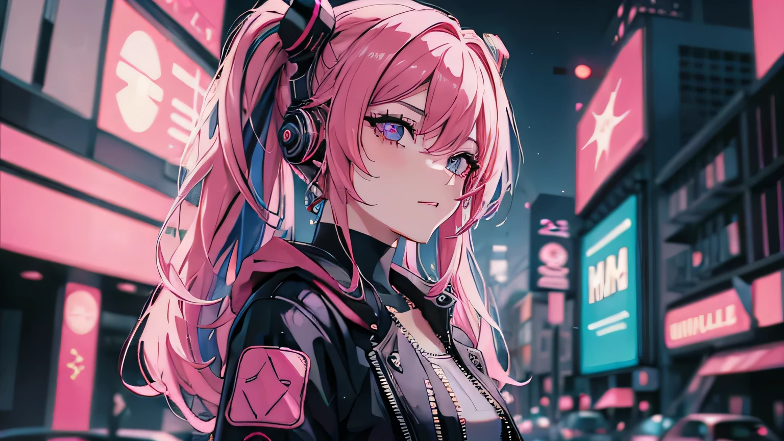 (obra-prima, melhor qualidade, noite, cabelo rosa, cabelo longo, twintails, 8k, absurdres,  bonita, cyberpunk, cyber goth, (cyberpunk, acento rosa fluorescente, linhas rosa brilhantes em jaqueta curta: 1.4), neon, pulseiras e gargantilha, (brilhante, brilho, movie grain, chromatic aberration:2), (asian shopping district, rua, buildings, sky scraper: 1.2), maquiagem, (brincos cianos: 1.3), sharp-focus, fundo escuro,  perspectiva, profundidade de campo, (very small mechanical device, chuva, HDR, facelight, sharp-focus, dynamic lighting, cinematiclighting, sombra profissional, extremamente detalhado, detalhes finos, pele real: 0,8), (olhos detalhados, pupilas afiadas, pupilas realistas, fundo escuro: 0,6), (efeito de falha: 0,7), pupilas amarelas