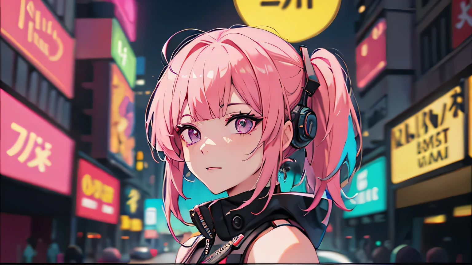 (obra-prima, melhor qualidade, noite, cabelo rosa, cabelo longo, twintails, 8k, absurdres,  bonita, cyberpunk, cyber goth, (cyberpunk, acento rosa fluorescente, linhas rosa brilhantes em jaqueta curta: 1.4), neon, pulseiras e gargantilha, (brilhante, brilho, movie grain, chromatic aberration:2), (asian shopping district, rua, buildings, sky scraper: 1.2), maquiagem, (brincos cianos: 1.3), sharp-focus, fundo escuro,  perspectiva, profundidade de campo, (very small mechanical device, chuva, HDR, facelight, sharp-focus, dynamic lighting, cinematiclighting, sombra profissional, extremamente detalhado, detalhes finos, pele real: 0,8), (olhos detalhados, pupilas afiadas, pupilas realistas, fundo escuro: 0,6), (efeito de falha: 0,7), pupilas amarelas