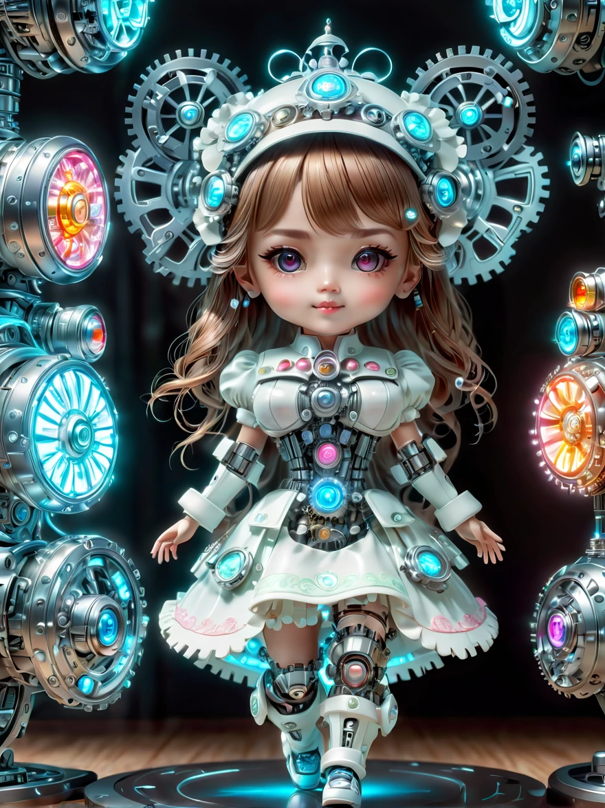 Pixar style, (Blind box toy style:1.2), (full-body shot) , 1 transparent cute mechanical nurse doll, Transparent mecha, Exquisite nurse hat:1.2, Luminous goggles:1.2, Colorful neon lights, High-tech mechanical parts, Metal body, Detailed mechanical metal design, bright colors, Dynamic glow, Reflective metal surface, bright environment, dynamic poses, Exquisite presence, skill improved, interlocking mechanical gears, Stylish design, motion blur effect, Detailed metal processing, Sci-fi atmosphere, Streamlined aerodynamic shape, Laser scanning pattern, Holographic projection, LED light track, beautiful and unforgettable, Advanced sensors, complex algorithm, Ominous and mysterious atmosphere, electric spark, Shiny chrome plating, Propulsion systems of the future, Clean, White background, (global illumination, Ray tracing, high dynamic range, Unreal rendering,Reasonable design, high detail, masterpiece, best quality, ultra high definition, light),Chibi,locomotive,3d style