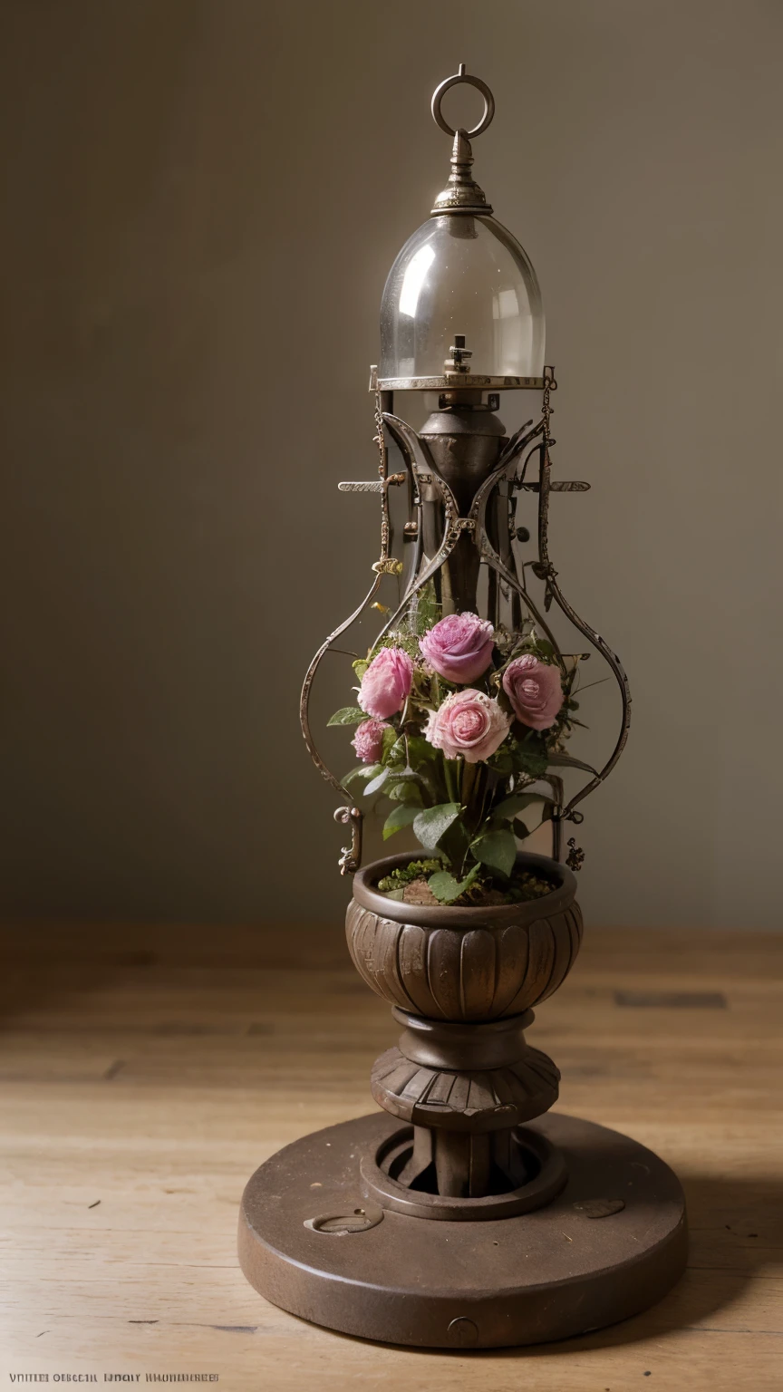 ((best quality)), ((masterpiece)), (detailed), Mixed Media fantastical rose is a new piece of intricate machinery, surrounded by small plants --v 6.0 --s 400