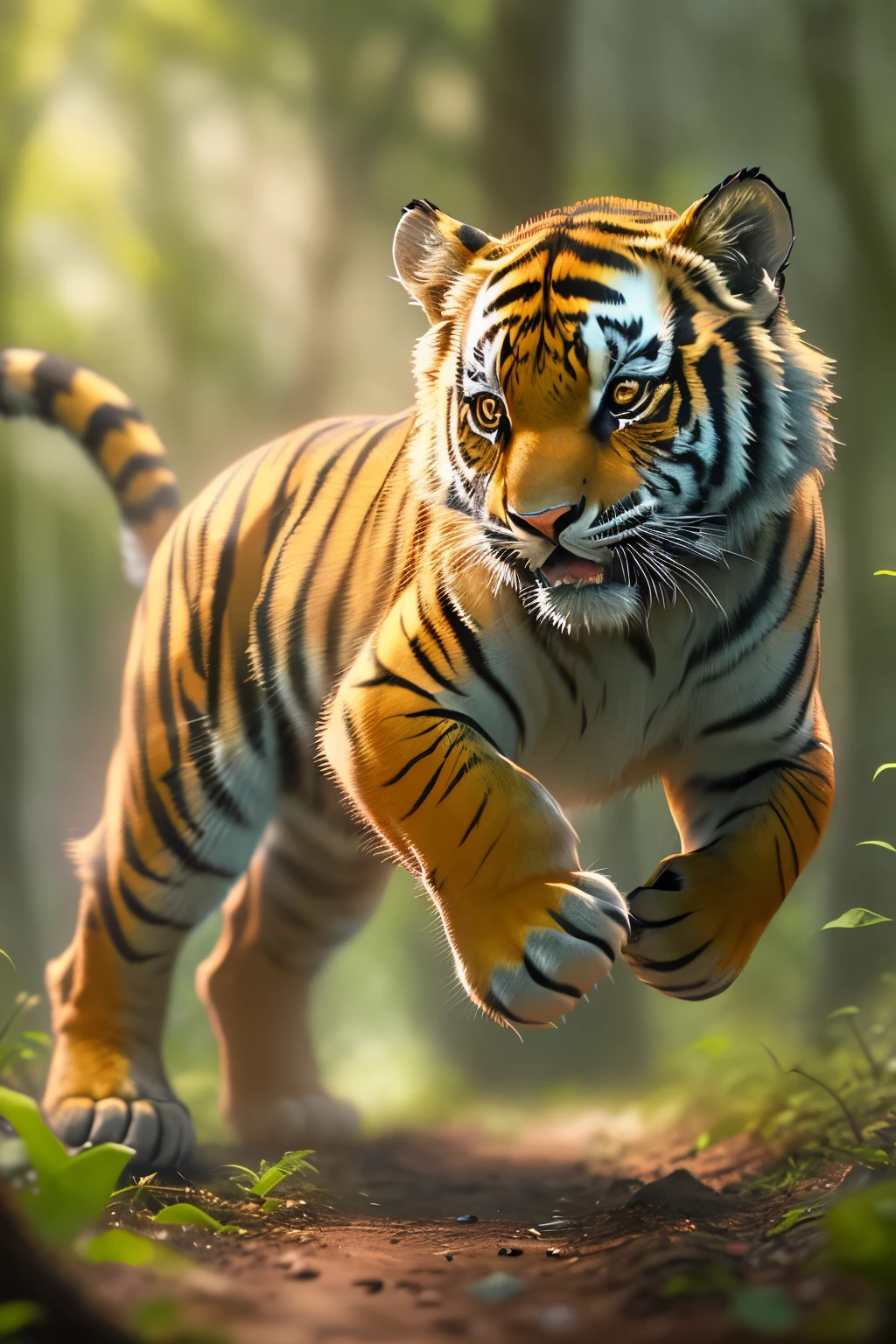 Close-up of a very cute jumping tiger cub in the forest, Soft volumetric light, (backlit:1.3), (motion picture:1.2), intricate detailed, (ArtStation:1.3), Rutkowski
