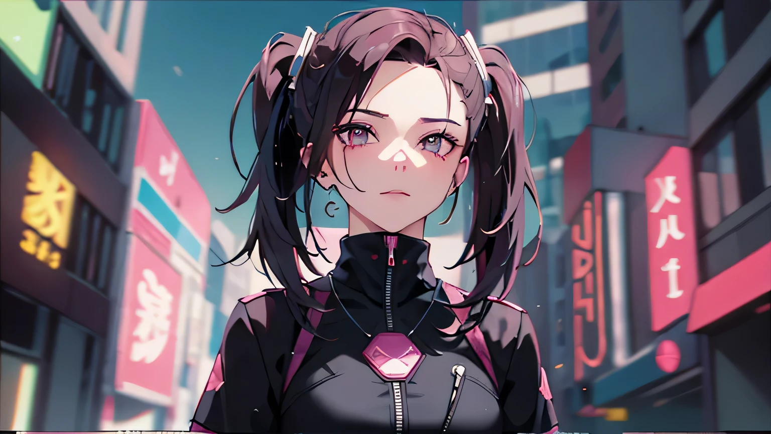 (obra-prima, melhor qualidade, noite, cabelo rosa, cabelo longo, twintails, 8k, absurdres, big breast, bonita, cyberpunk, cyber goth, (cyberpunk, acento rosa fluorescente, linhas rosa brilhantes em jaqueta curta: 1.4), neon, pulseiras e gargantilha, (brilhante, brilho, movie grain, chromatic aberration:2), (asian shopping district, rua, buildings, sky scraper: 1.2), maquiagem, (brincos cianos: 1.3), sharp-focus, fundo escuro,  perspectiva, profundidade de campo, (very small mechanical device, chuva, HDR, facelight, sharp-focus, dynamic lighting, cinematiclighting, sombra profissional, extremamente detalhado, detalhes finos, pele real: 0,8), (olhos detalhados, pupilas afiadas, pupilas realistas, fundo escuro: 0,6), (efeito de falha: 0,7), pupilas amarelas