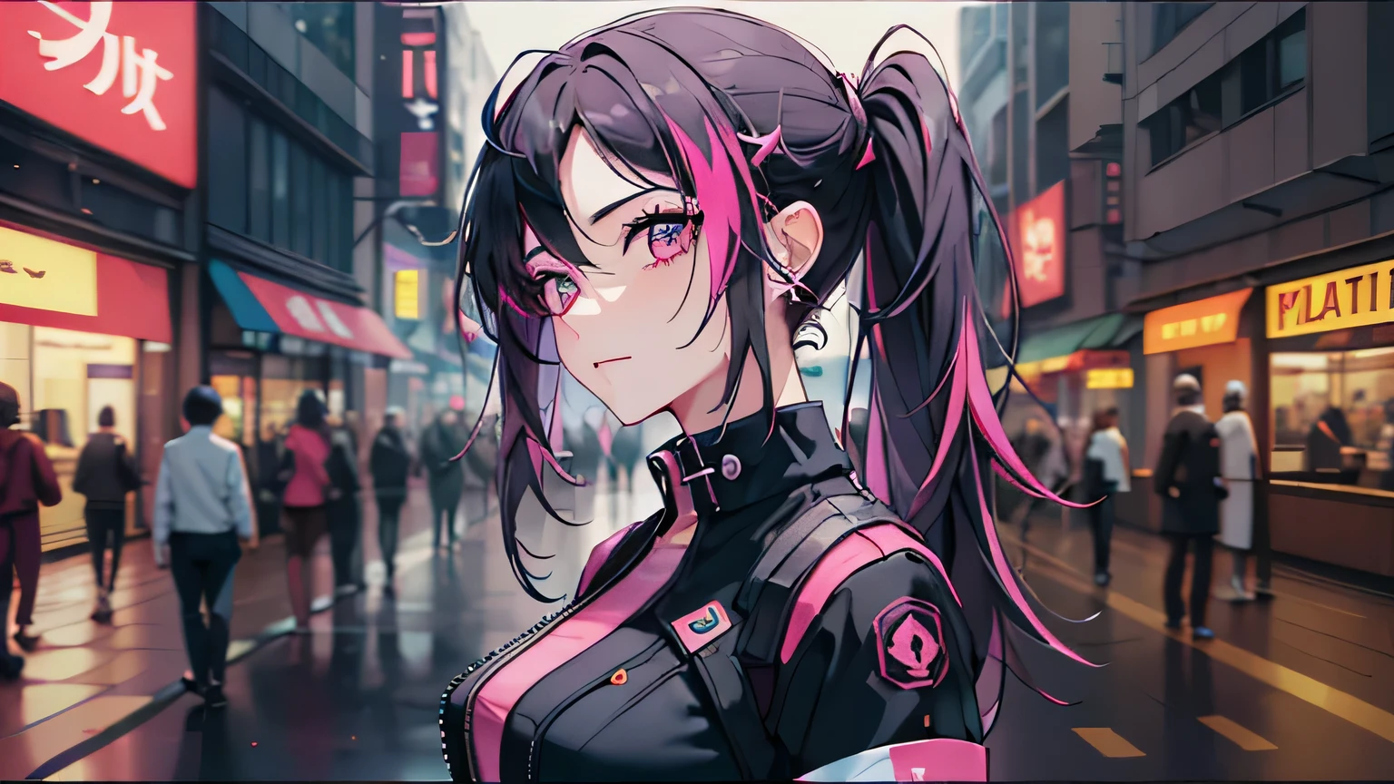 (obra-prima, melhor qualidade, noite, cabelo rosa, cabelo longo, twintails, 8k, absurdres, big breast, bonita, cyberpunk, cyber goth, (cyberpunk, acento rosa fluorescente, linhas rosa brilhantes em jaqueta curta: 1.4), neon, pulseiras e gargantilha, (brilhante, brilho, movie grain, chromatic aberration:2), (asian shopping district, rua, buildings, sky scraper: 1.2), maquiagem, (brincos cianos: 1.3), sharp-focus, fundo escuro,  perspectiva, profundidade de campo, (very small mechanical device, chuva, HDR, facelight, sharp-focus, dynamic lighting, cinematiclighting, sombra profissional, extremamente detalhado, detalhes finos, pele real: 0,8), (olhos detalhados, pupilas afiadas, pupilas realistas, fundo escuro: 0,6), (efeito de falha: 0,7), pupilas amarelas