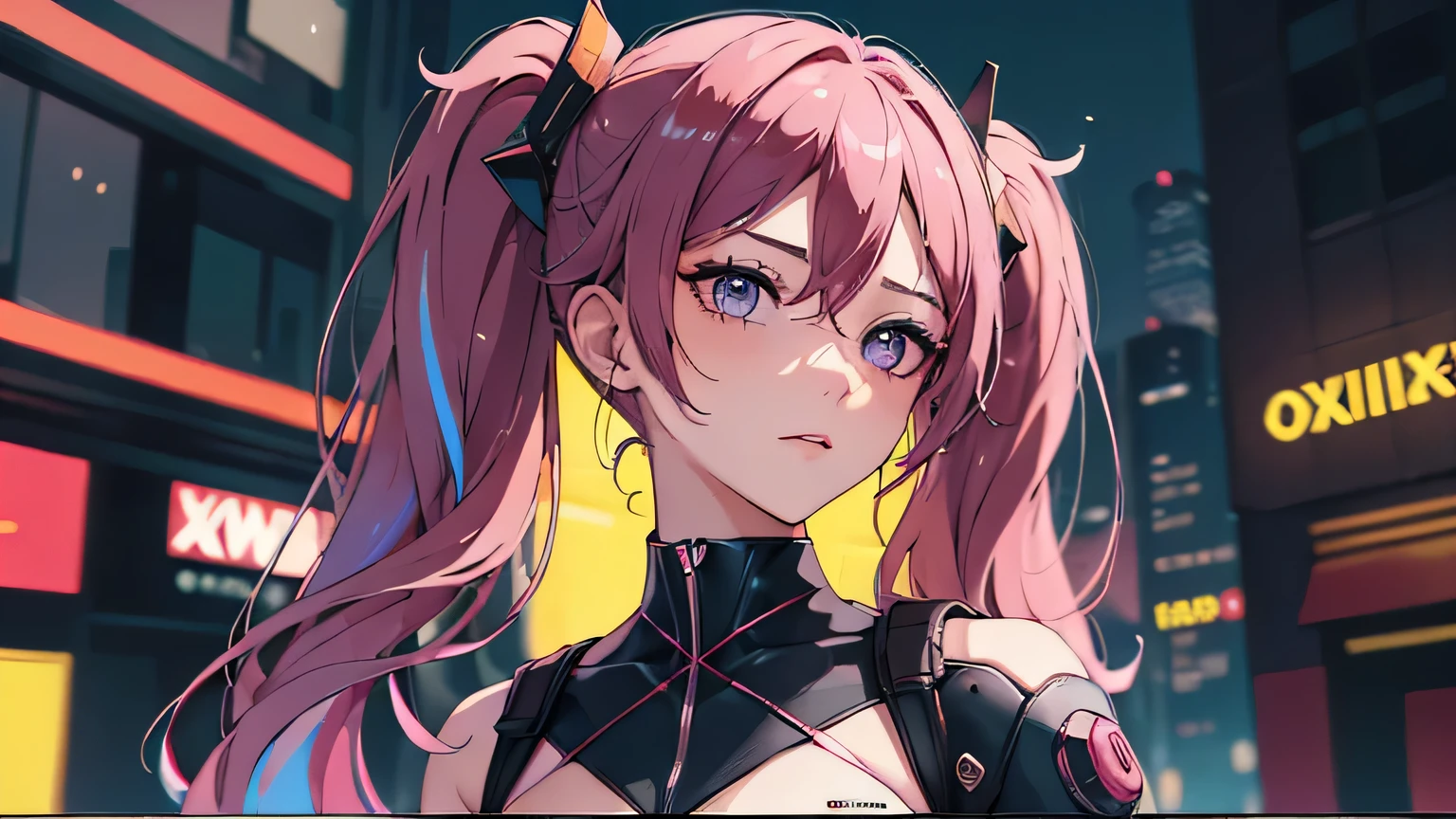 (obra-prima, melhor qualidade, noite, cabelo rosa, cabelo longo, twintails, 8k, absurdres, big breast, bonita, cyberpunk, cyber goth, (cyberpunk, acento rosa fluorescente, linhas rosa brilhantes em jaqueta curta: 1.4), neon, pulseiras e gargantilha, (brilhante, brilho, movie grain, chromatic aberration:2), (asian shopping district, rua, buildings, sky scraper: 1.2), maquiagem, (brincos cianos: 1.3), sharp-focus, fundo escuro,  perspectiva, profundidade de campo, (very small mechanical device, chuva, HDR, facelight, sharp-focus, dynamic lighting, cinematiclighting, sombra profissional, extremamente detalhado, detalhes finos, pele real: 0,8), (olhos detalhados, pupilas afiadas, pupilas realistas, fundo escuro: 0,6), (efeito de falha: 0,7), pupilas amarelas