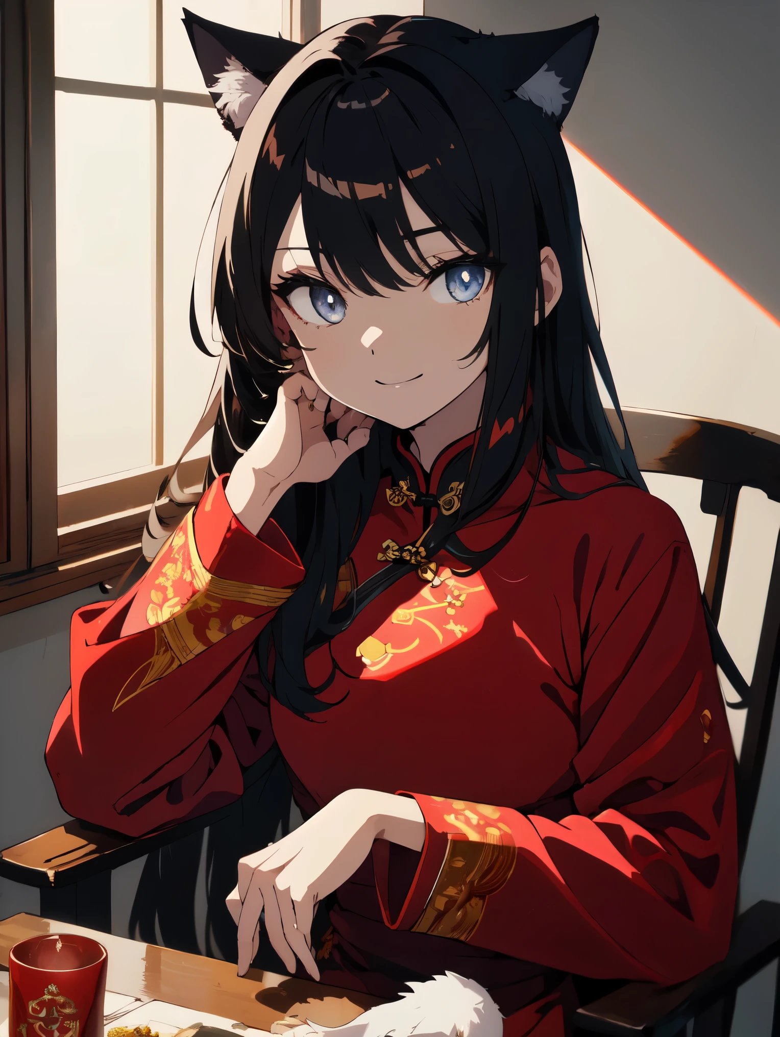 ((highest quality、masterpiece、Shining eyes、detail))、Beautiful face cat ears red cheongsam sitting smile anime style