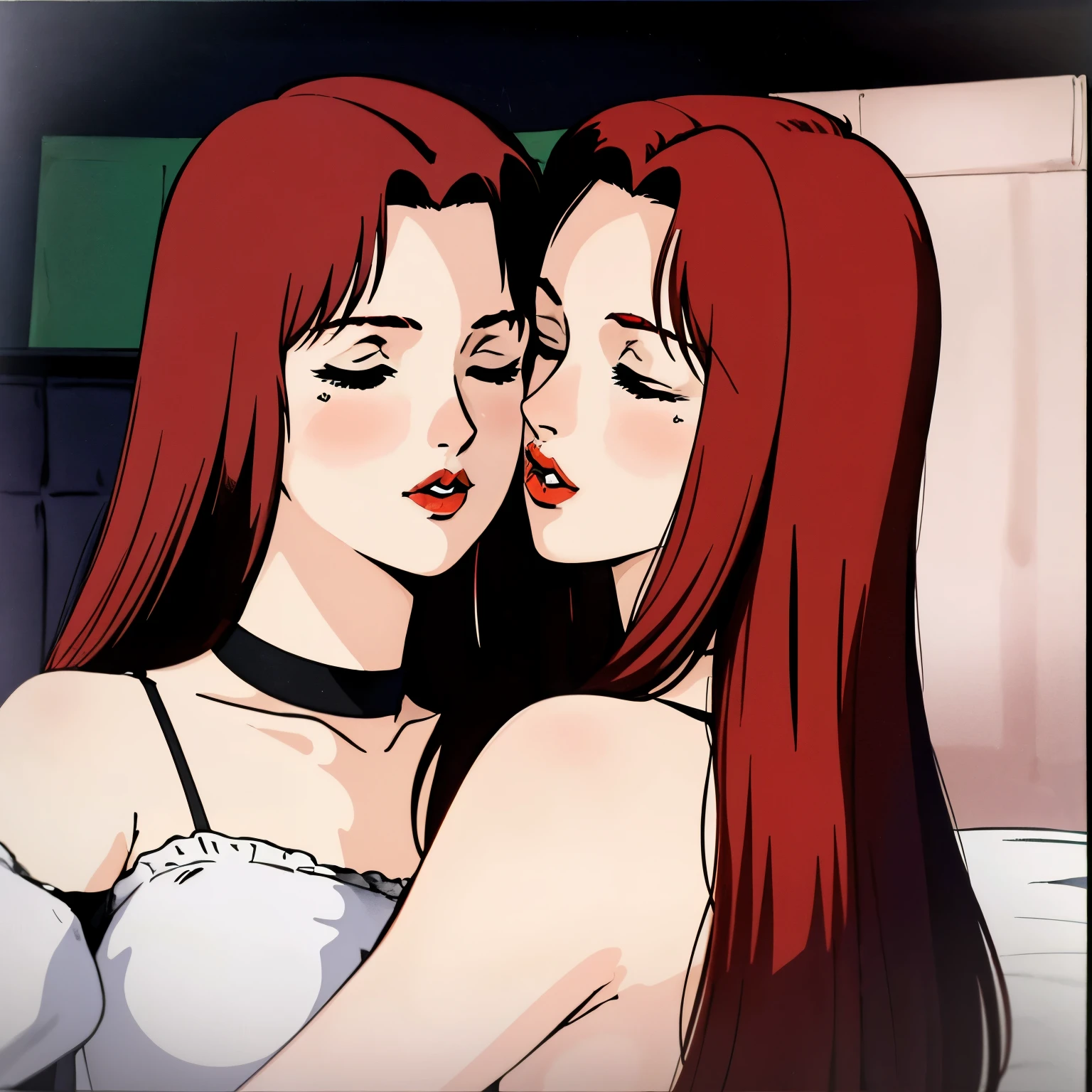 masterpiece,high quality,highres,nsfw, christinamackenzie,2girls, bedroom, facing camera, thin body, arched back, curved butt, belly, black corset, kiss mouth, pucker kiss,smooch kiss, horny, closed eyes, (red lips:1.0), choker, face blush, (pale skin:1.2), long hair,parted bangs,red hair,green eyes, 