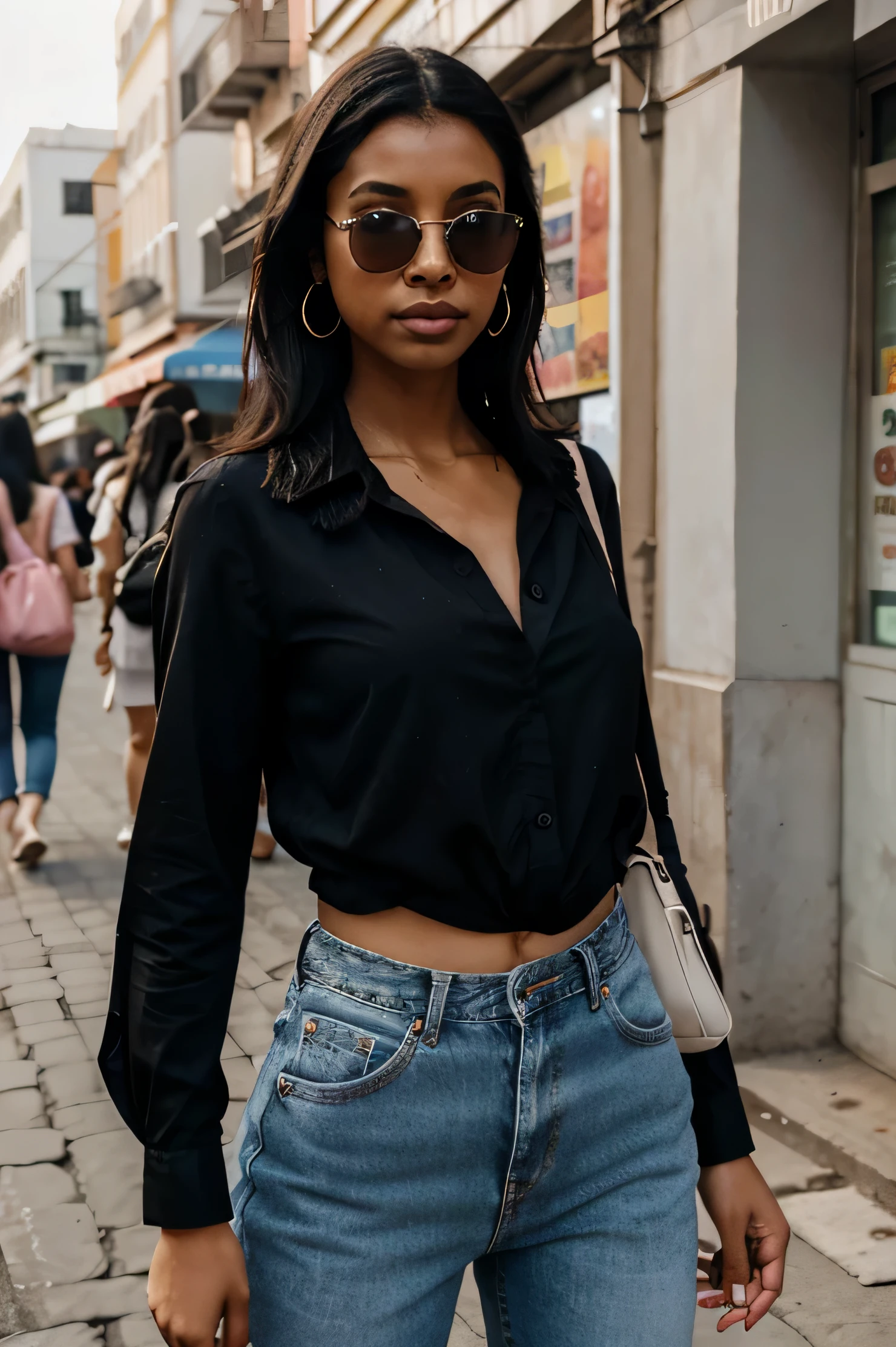 24 age girl, little dark skin, black hair, wearing long  denim trousers and a blouse, black eyes, earrings, sunglasses, and rose lipsticks, facing the camera, girl in a pettah, shopping on street, pettah sri lanka ,day life, angel, beautiful, realistic, high quality, lovely, selfie