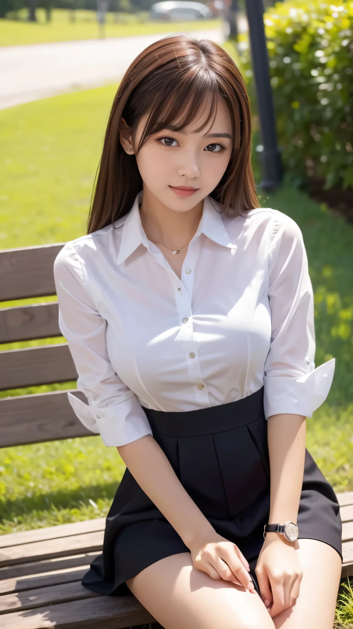 dress shirt,masterpiece), (highest quality), (Super detailed), 1 girl, sexy pose, Happy, looking at the viewer, big hair, brown hair, wood々together in the park,bench ,sitting on the ground, ((alone)) ,anxiety, blush, Naughty,from below,because I&#39;thin,(shiny skin, wet skin:0.8),long wet voice, beautiful breasts,